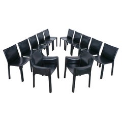 Mario Bellini Cassina Cab 412 + Cab 413 - 12 Black Leather Dining Chairs, 1980