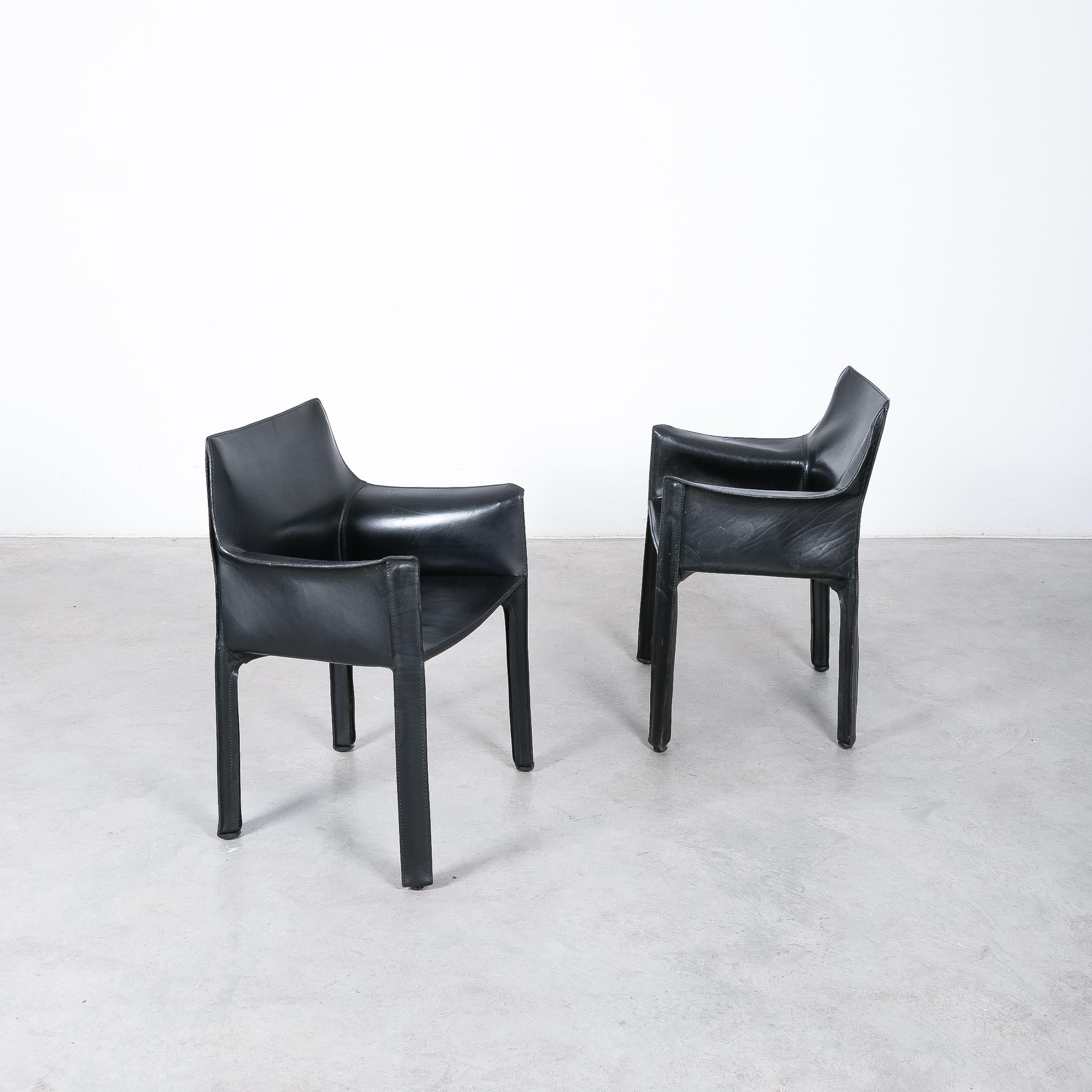 Post-Modern Mario Bellini Cassina Cab 412 + Cab 413- 8 Black Leather Dining Chairs, 1980