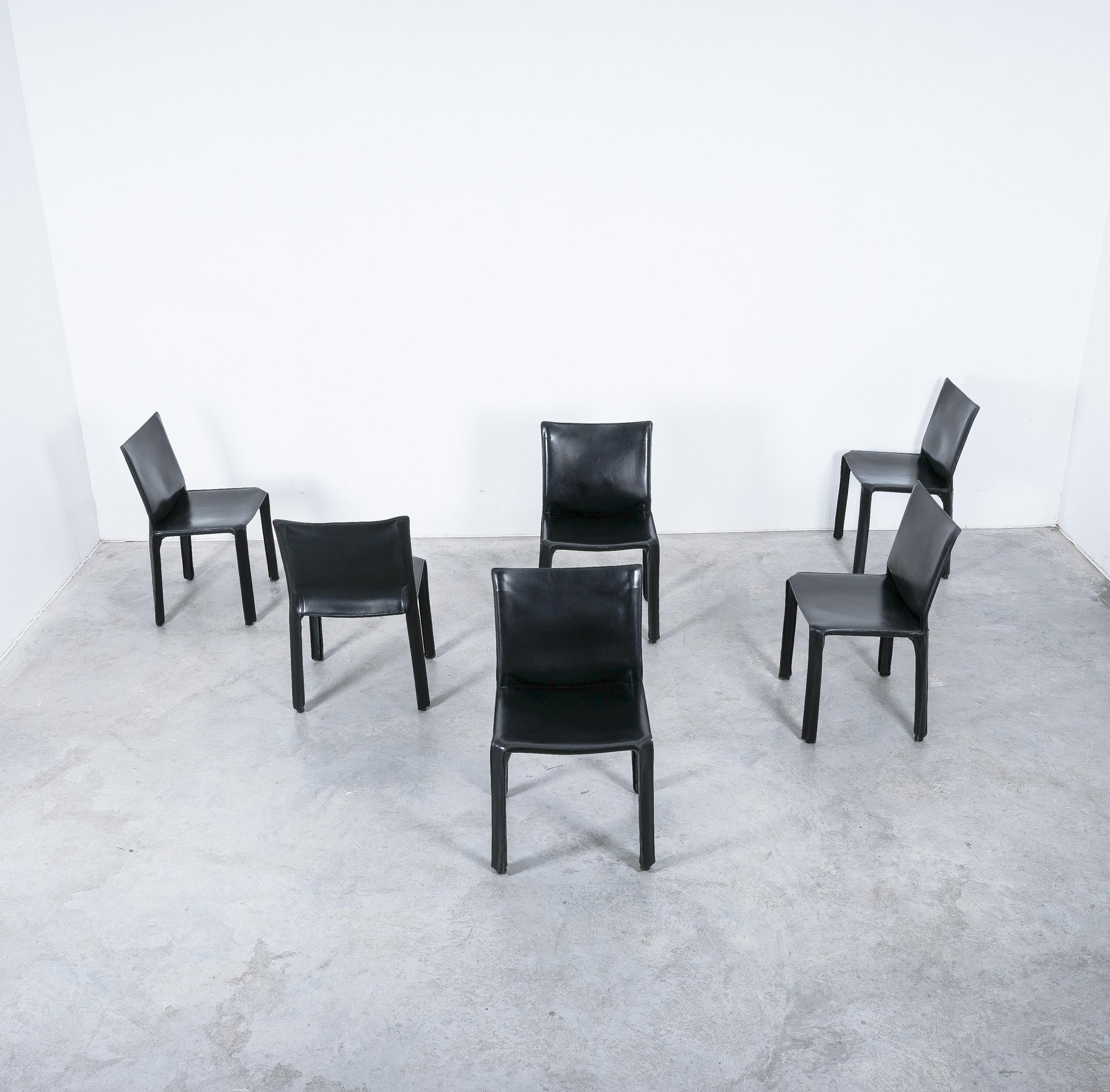 Steel Mario Bellini Cassina Cab 412 + Cab 413- 8 Black Leather Dining Chairs, 1980