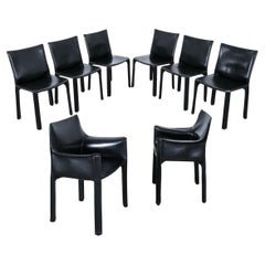 Mario Bellini Cassina Cab 412 + Cab 413- 8 Black Leather Dining Chairs, 1980