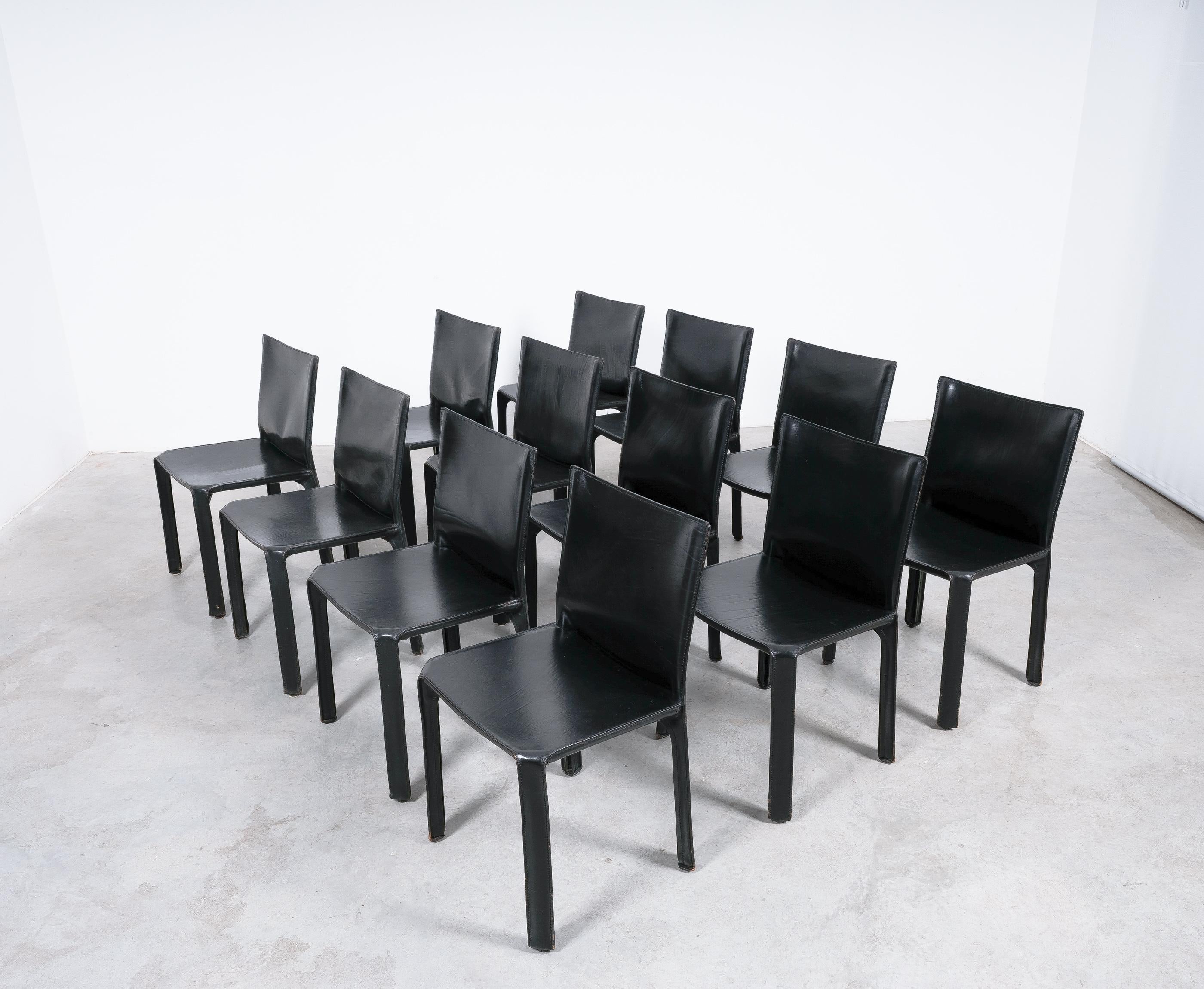 Late 20th Century Mario Bellini Cassina Cab 412 Twelve (12) Black Leather Dining Chairs, Italy