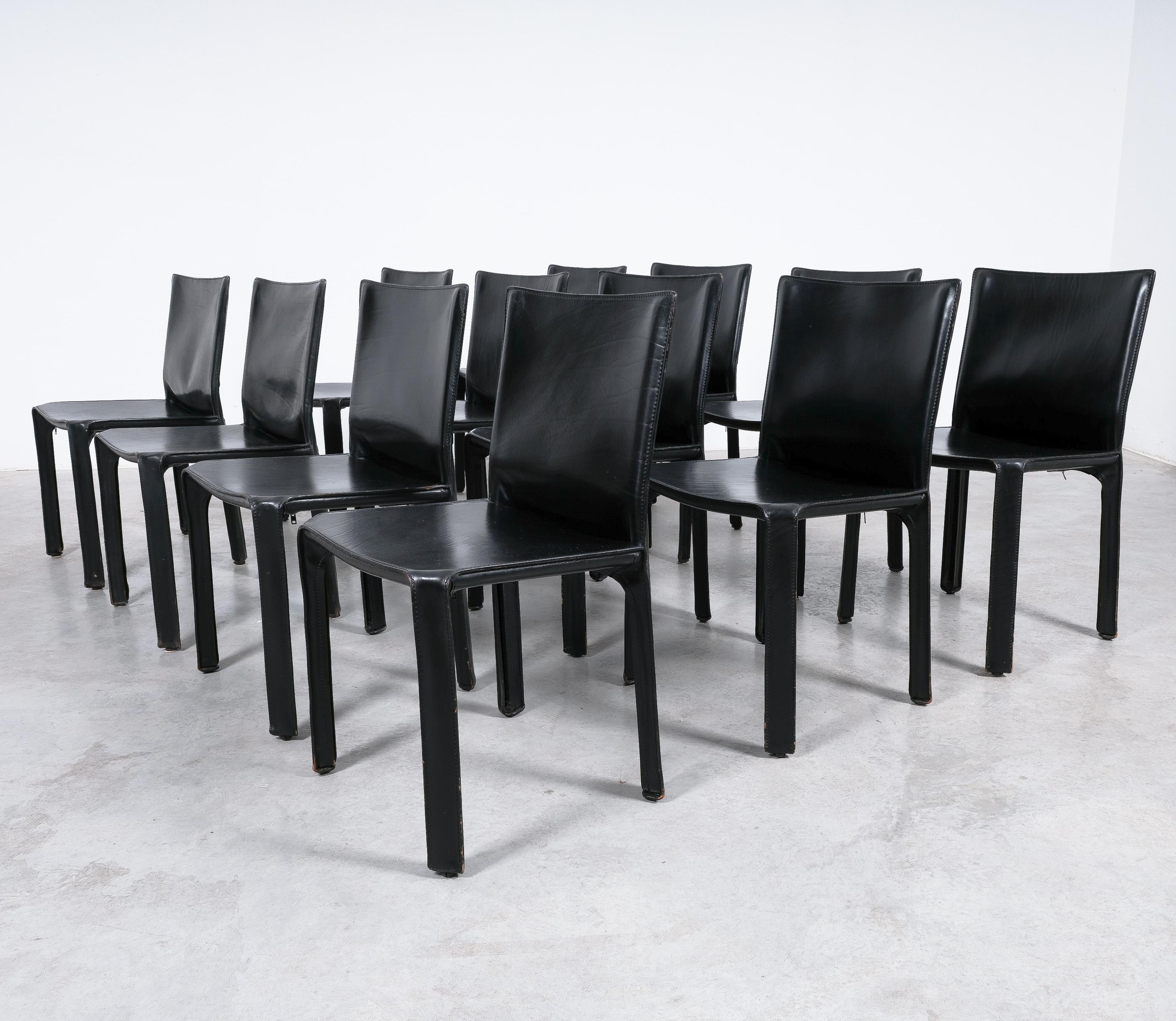 Steel Mario Bellini Cassina Cab 412 Twelve (12) Black Leather Dining Chairs, Italy