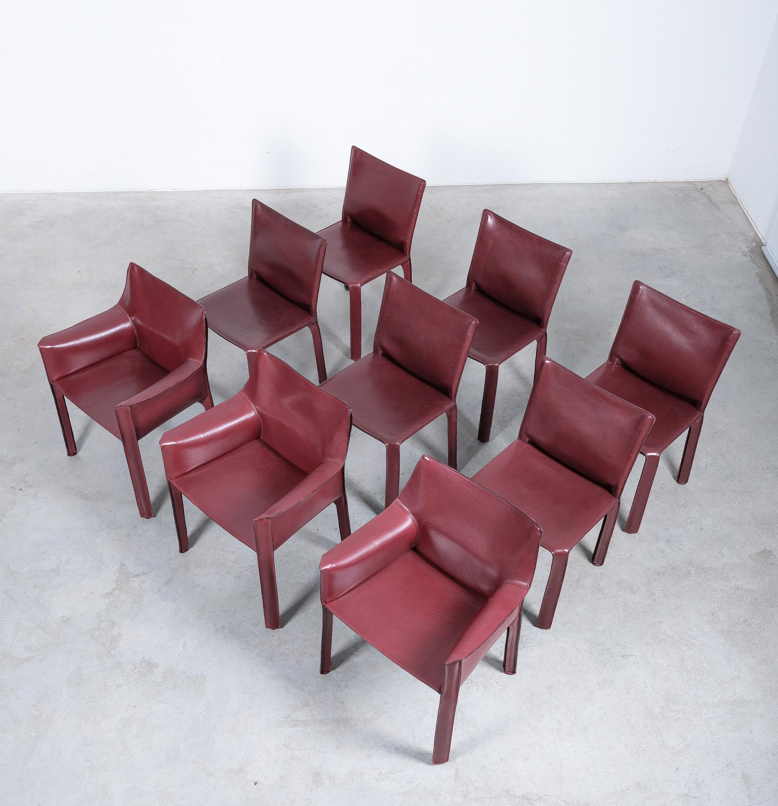 Mario Bellini Cassina Cab 413 chaises de salle à manger en cuir rouge bourgogne, 1980 en vente 8
