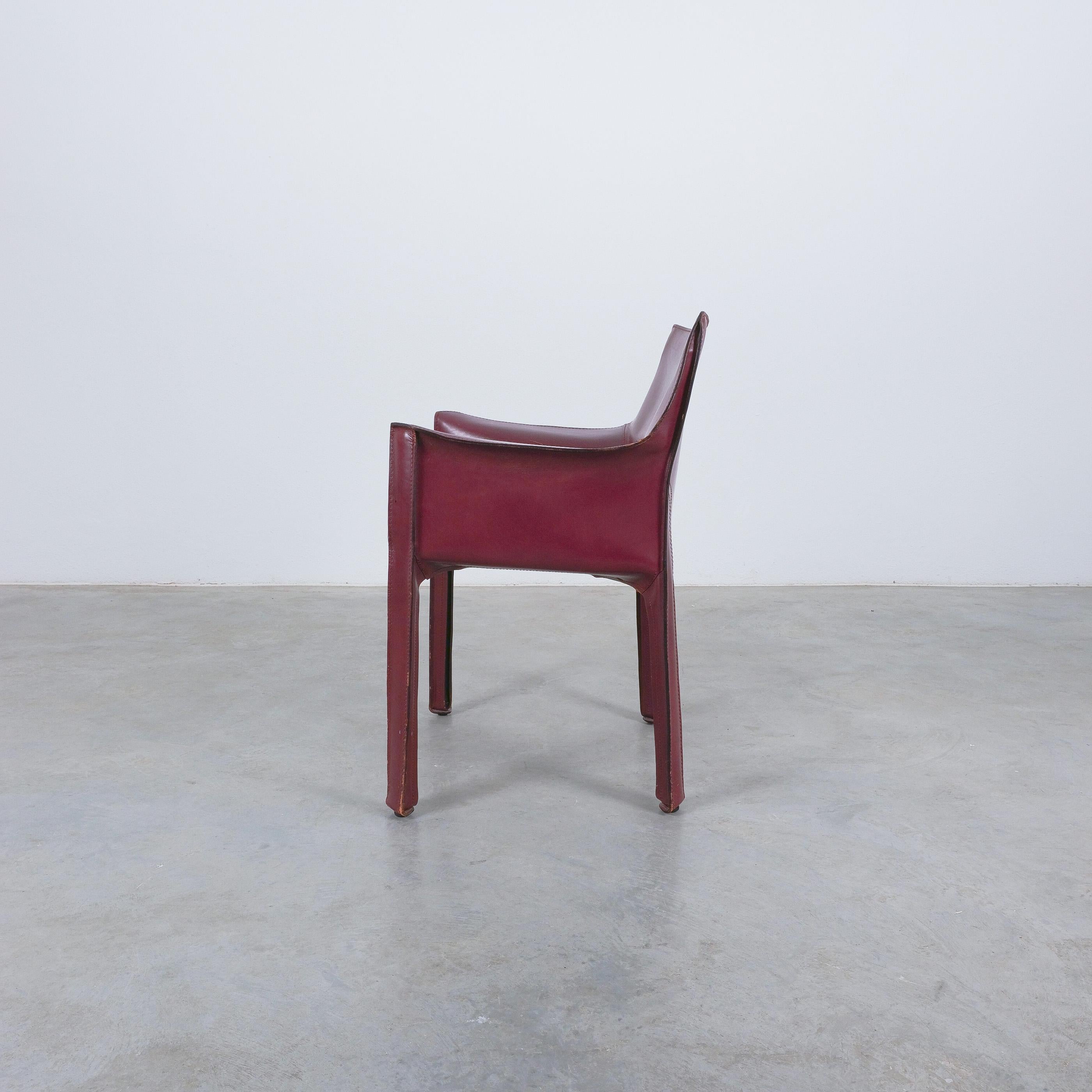 Italian Mario Bellini Cassina Cab 413 Burgundy Red Leather Dining Chairs, 1980