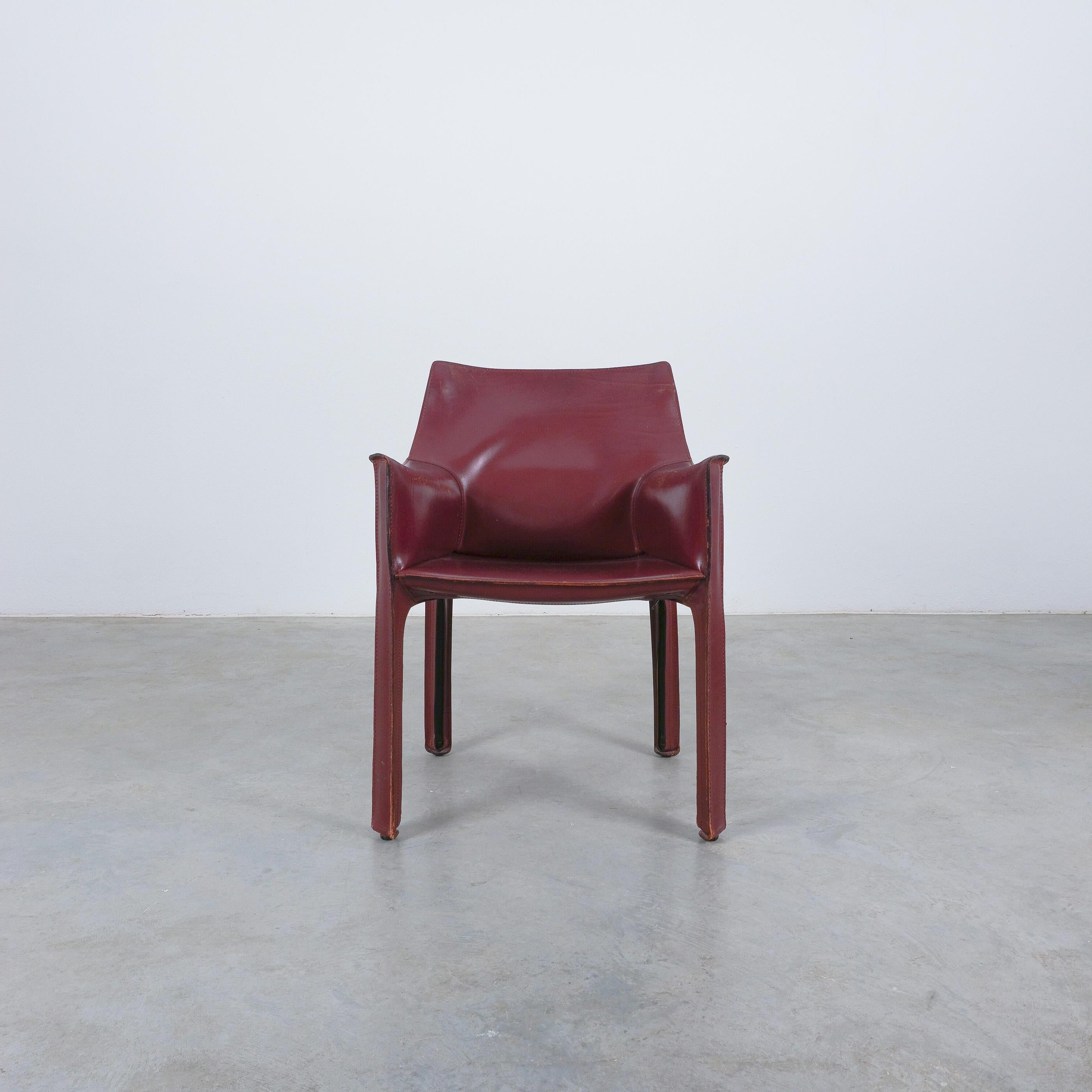 Steel Mario Bellini Cassina Cab 413 Burgundy Red Leather Dining Chairs, 1980