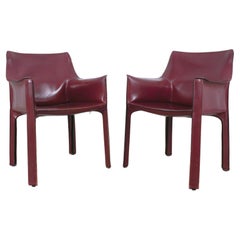 Mario Bellini Cassina Cab 413 Pair (2) Bourdeaux Red Leather Dining Chairs, 1980