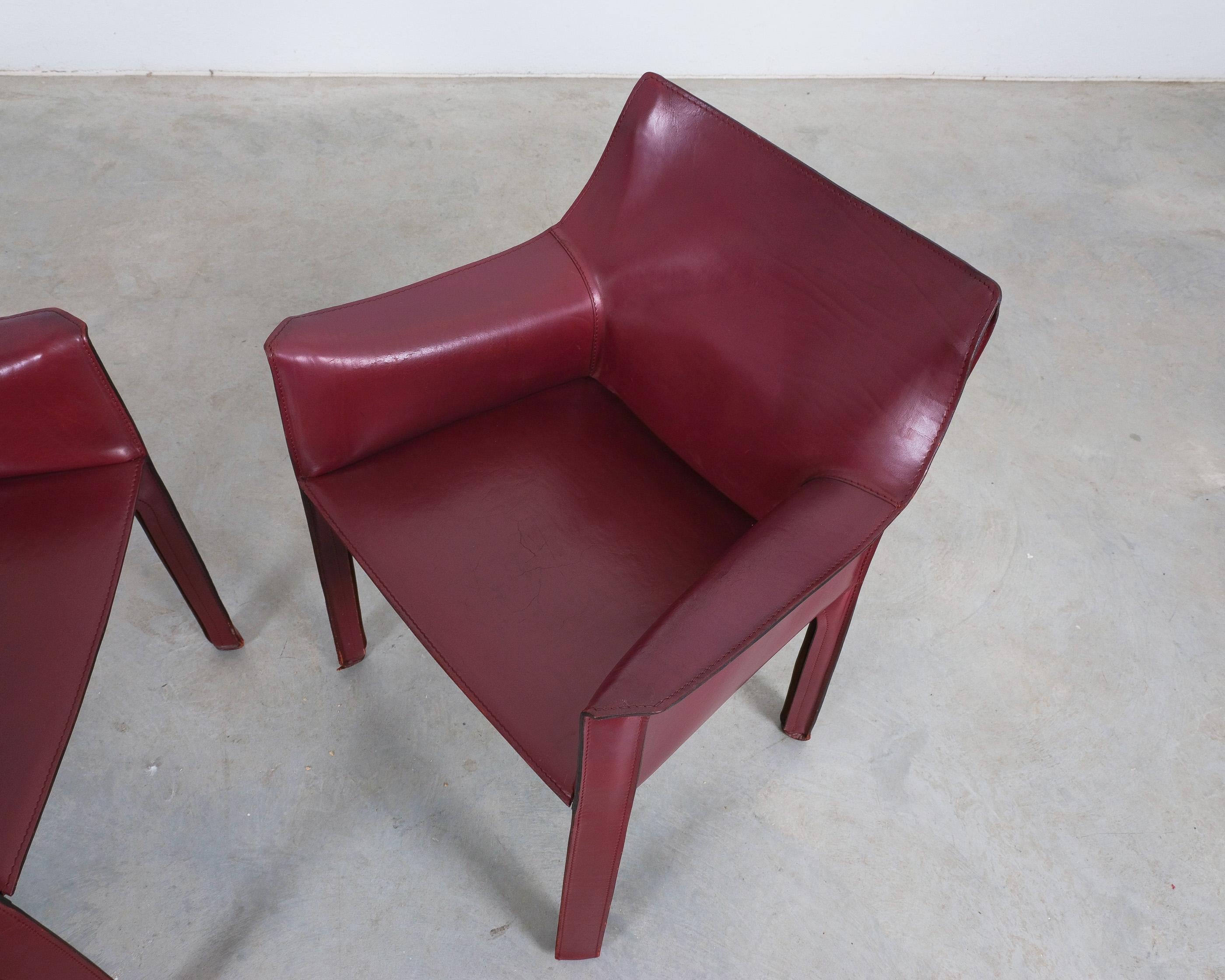Late 20th Century Mario Bellini Cassina Cab 413 Pair (2) Bourdeaux Red Leather Dining Chairs, 1980 For Sale