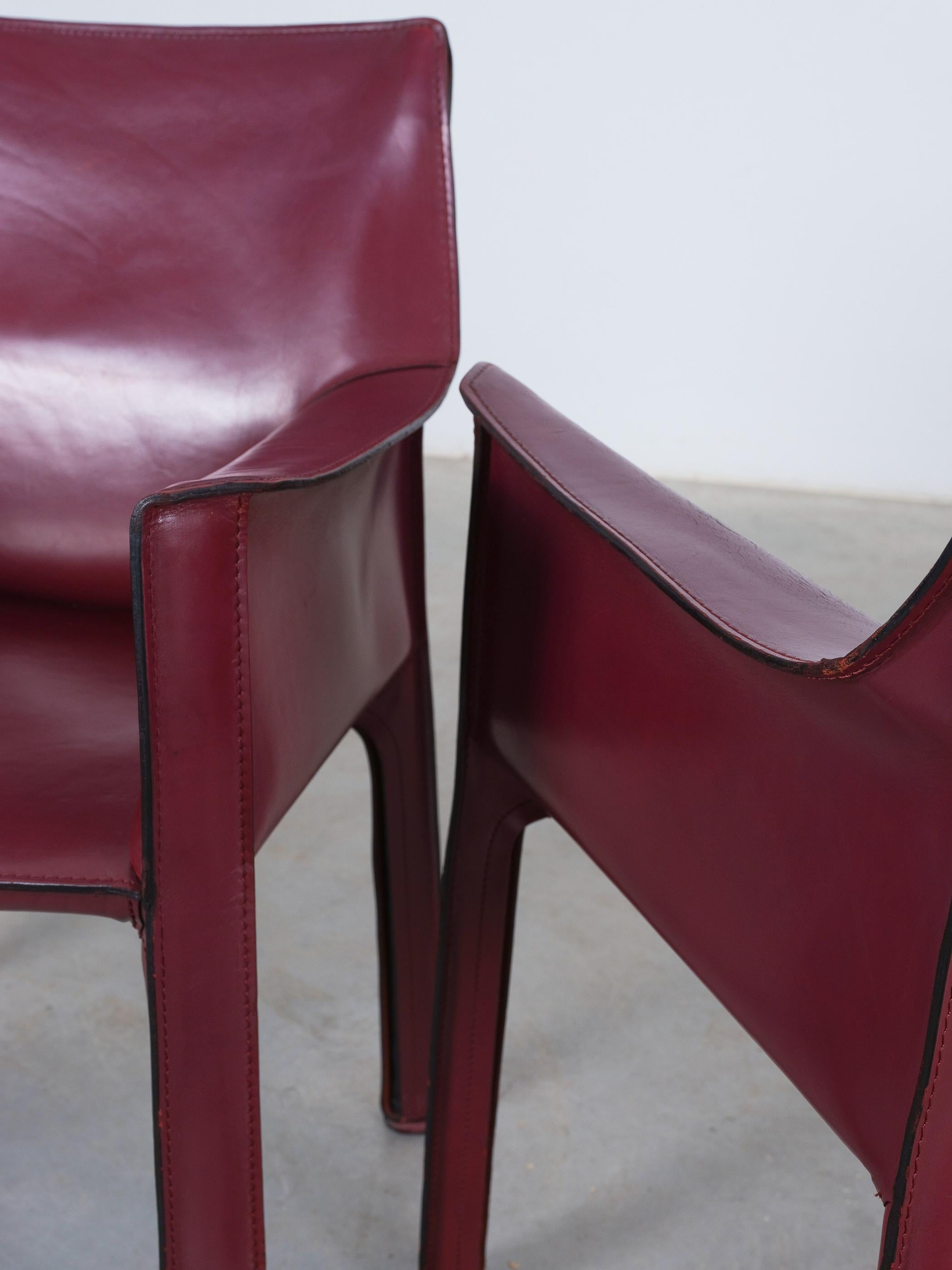 Steel Mario Bellini Cassina Cab 413 Pair (2) Bourdeaux Red Leather Dining Chairs, 1980 For Sale