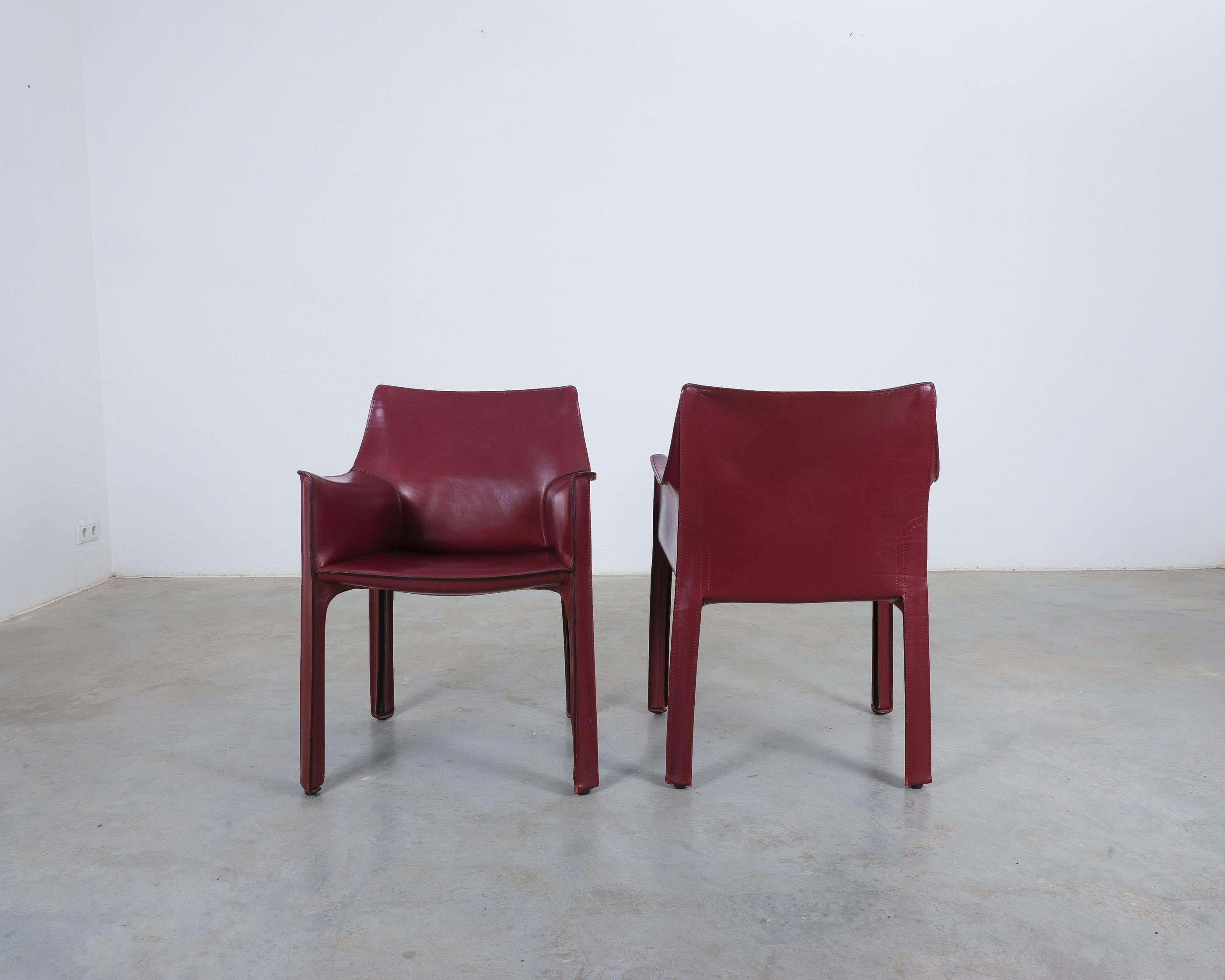Post-Modern Mario Bellini Cassina Cab 413 Pair (2) Bourdeaux Red Leather Dining Chairs, 1980 For Sale