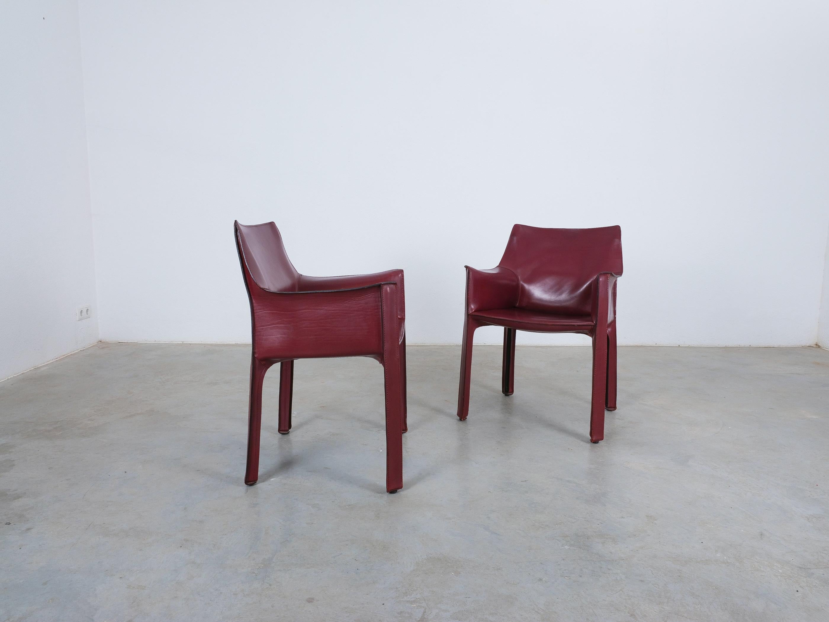 Italian Mario Bellini Cassina Cab 413 Pair (2) Bourdeaux Red Leather Dining Chairs, 1980 For Sale