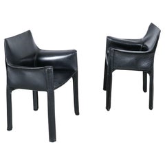 Mario Bellini Cassina Cab 413 Pair Black Leather Dining Chairs, Italy
