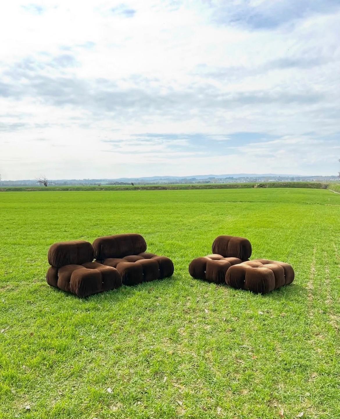 A beautiful Camaleonda set in original brown velvet. Two small armchairs, one large armchair and one pouffe make up this stunning 1st Edition set - produced in 1970 by C&B Italia before Cassina and Busnelli went their separate ways and B&B Italia