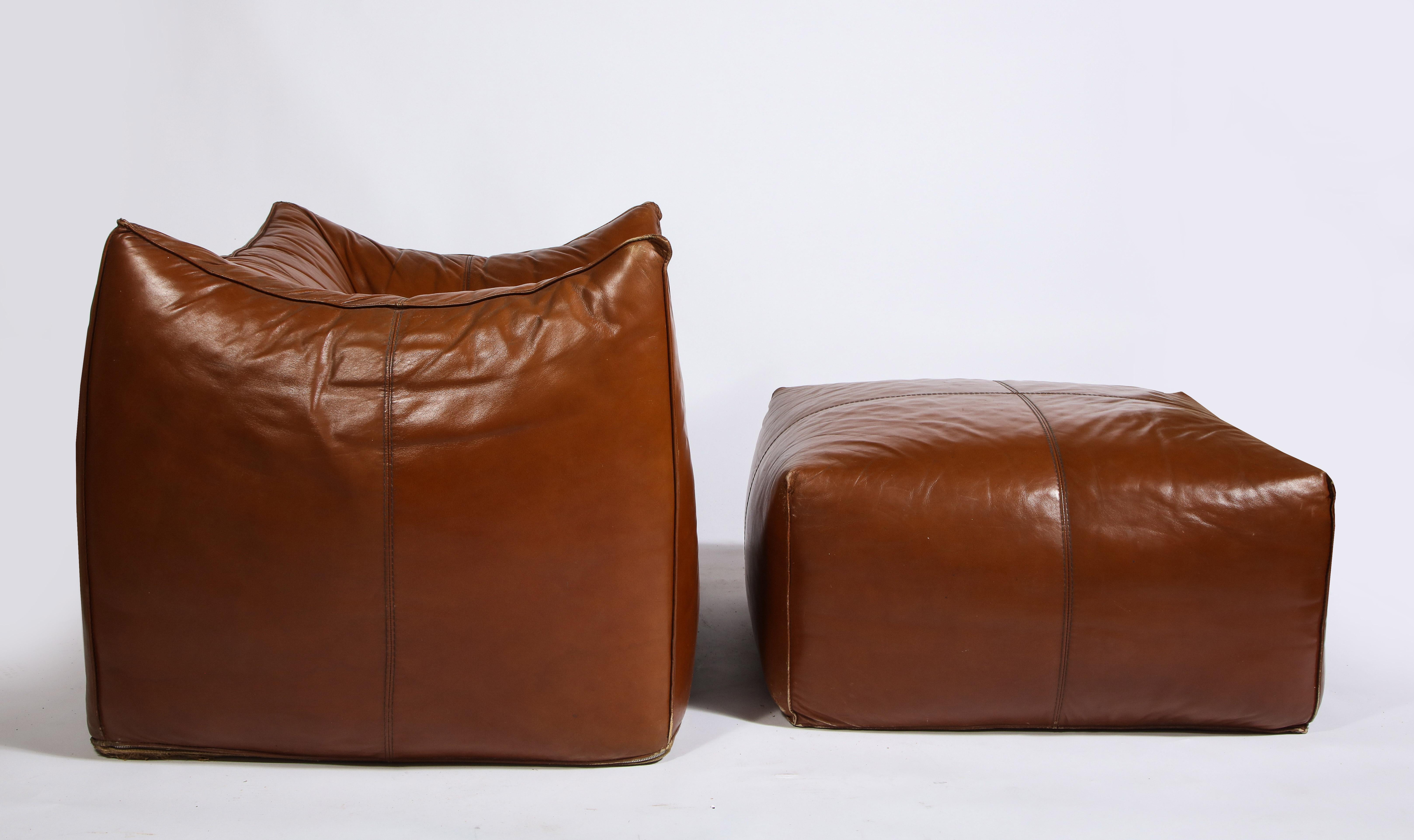 Mid-Century Modern Mario Bellini Cognac Brown Leather Chair and Ottoman Le Bambole Set, Italy