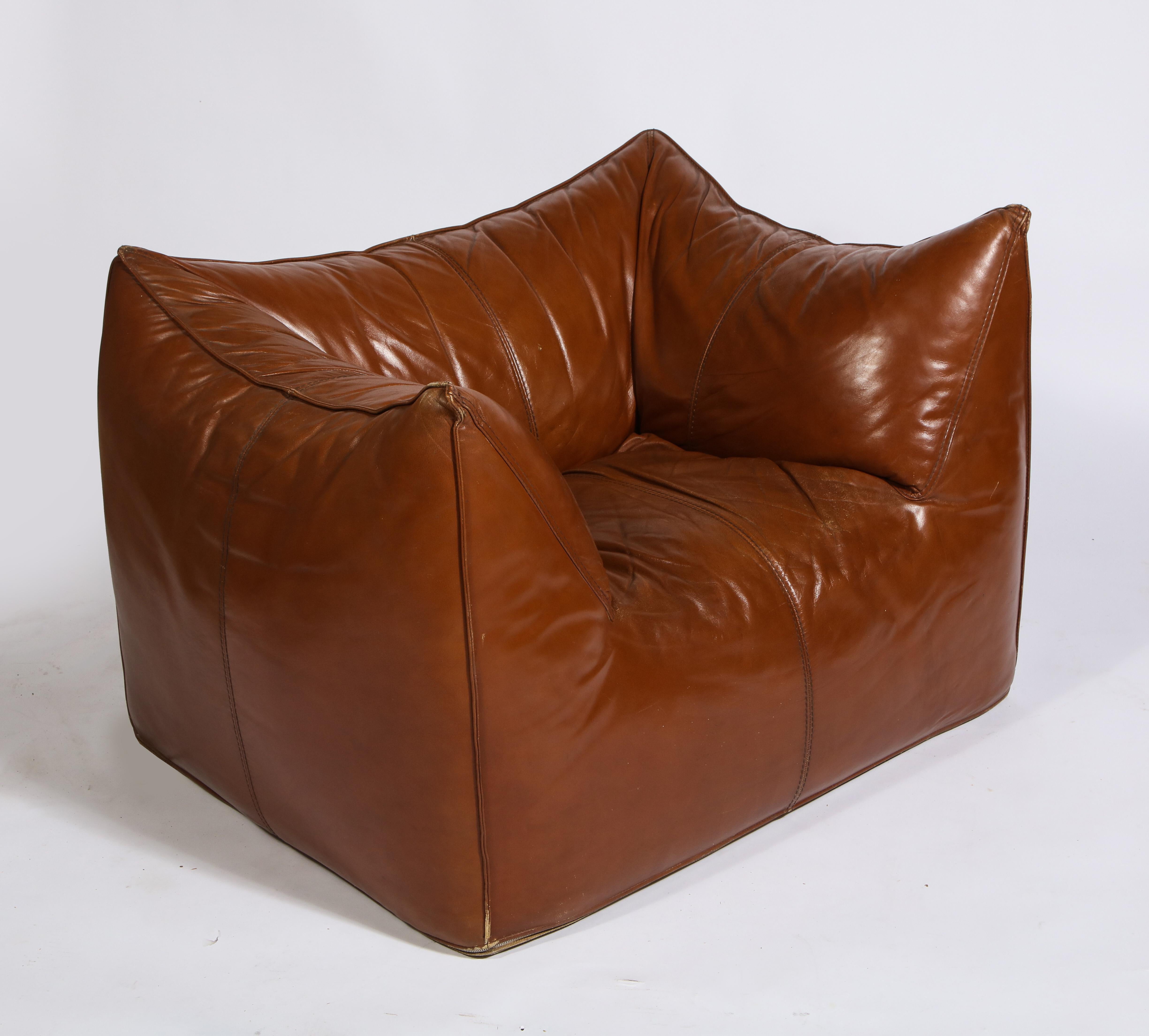 Italian Mario Bellini Cognac Brown Leather Chair and Ottoman Le Bambole Set, Italy
