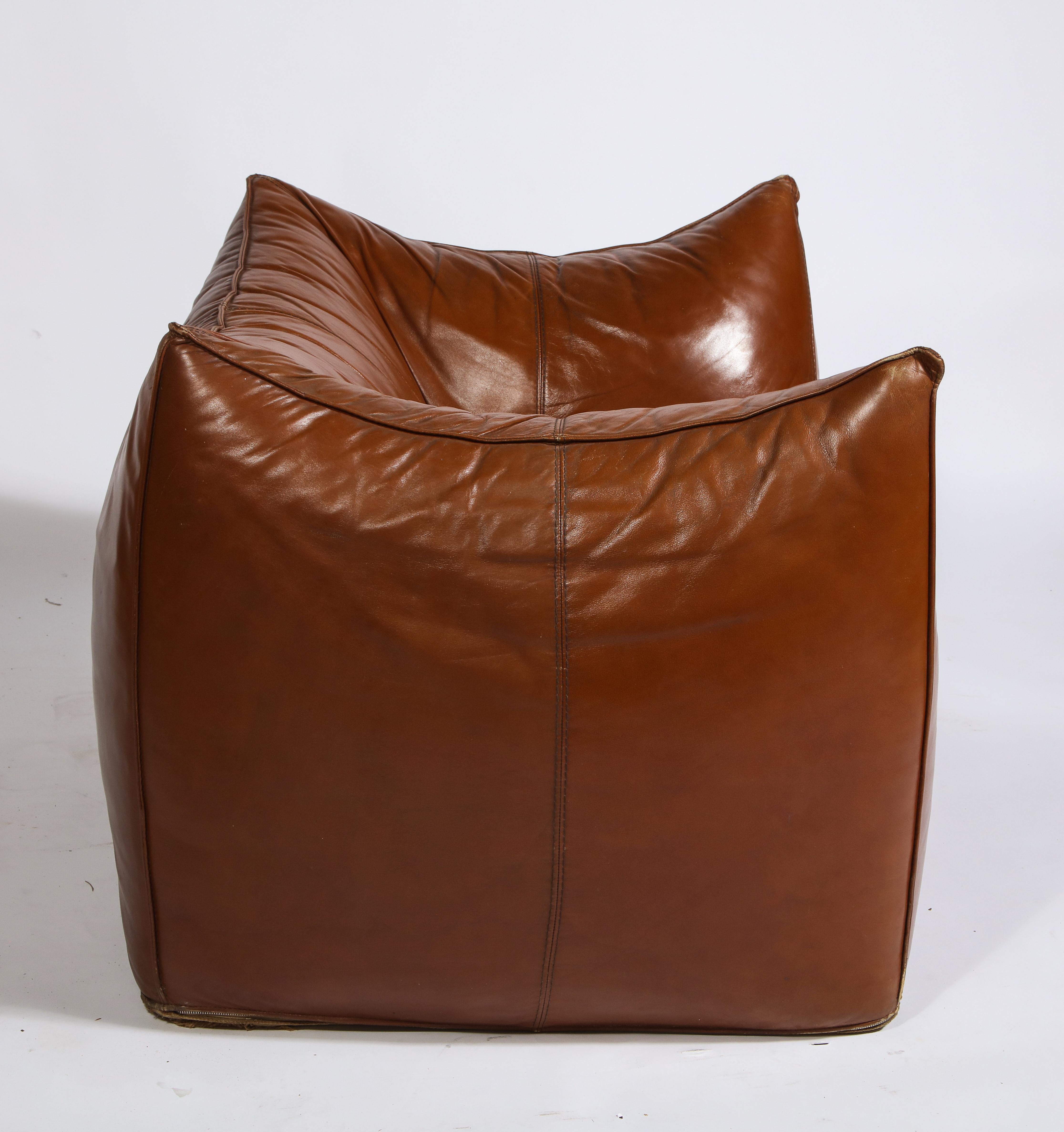 Mario Bellini Cognac Brown Leather Chair and Ottoman Le Bambole Set, Italy In Good Condition In New York, NY