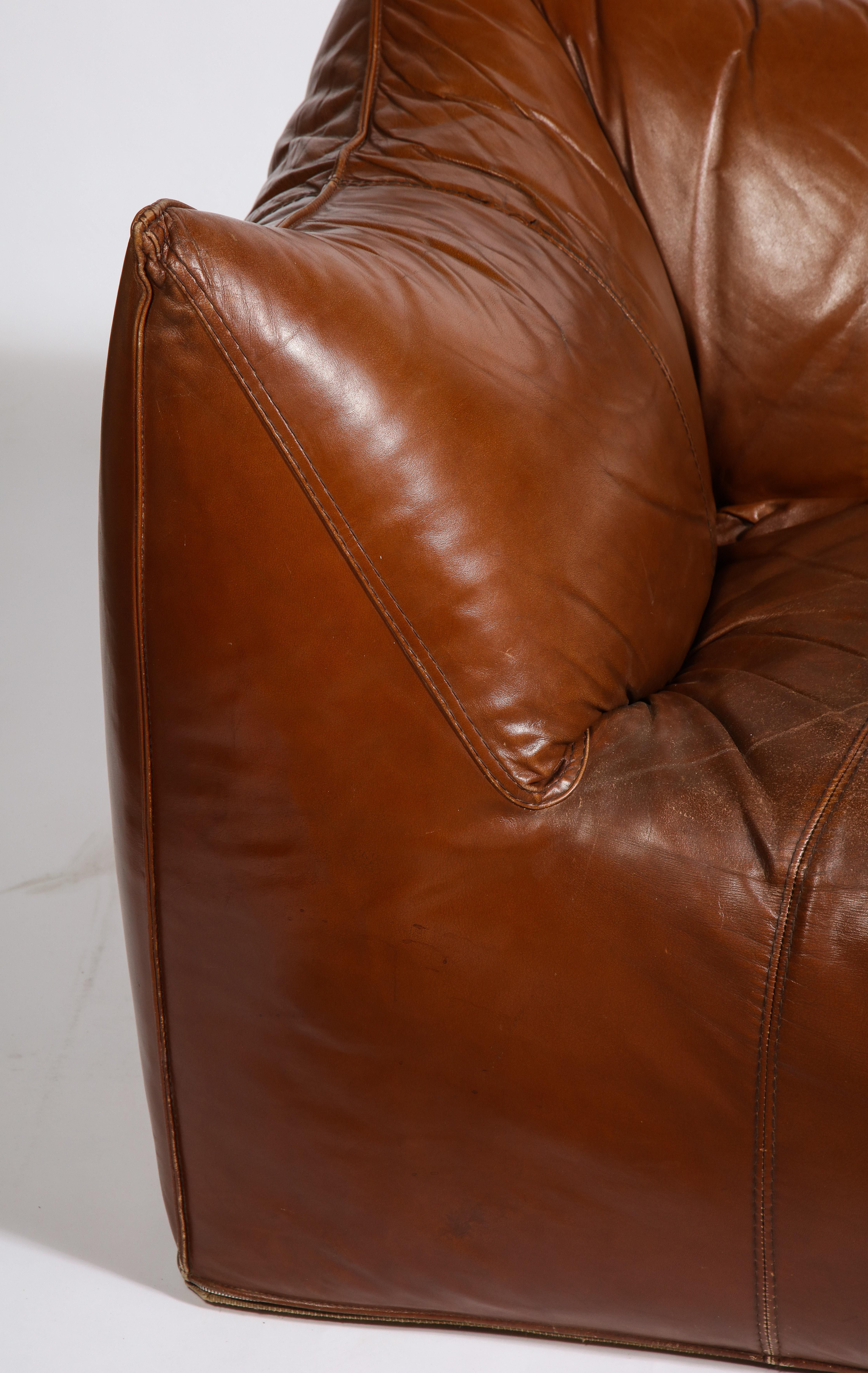 Mid-Century Modern Mario Bellini Cognac Brown Leather Sofa, Chair, Ottoman Le Bambole Set, Italy