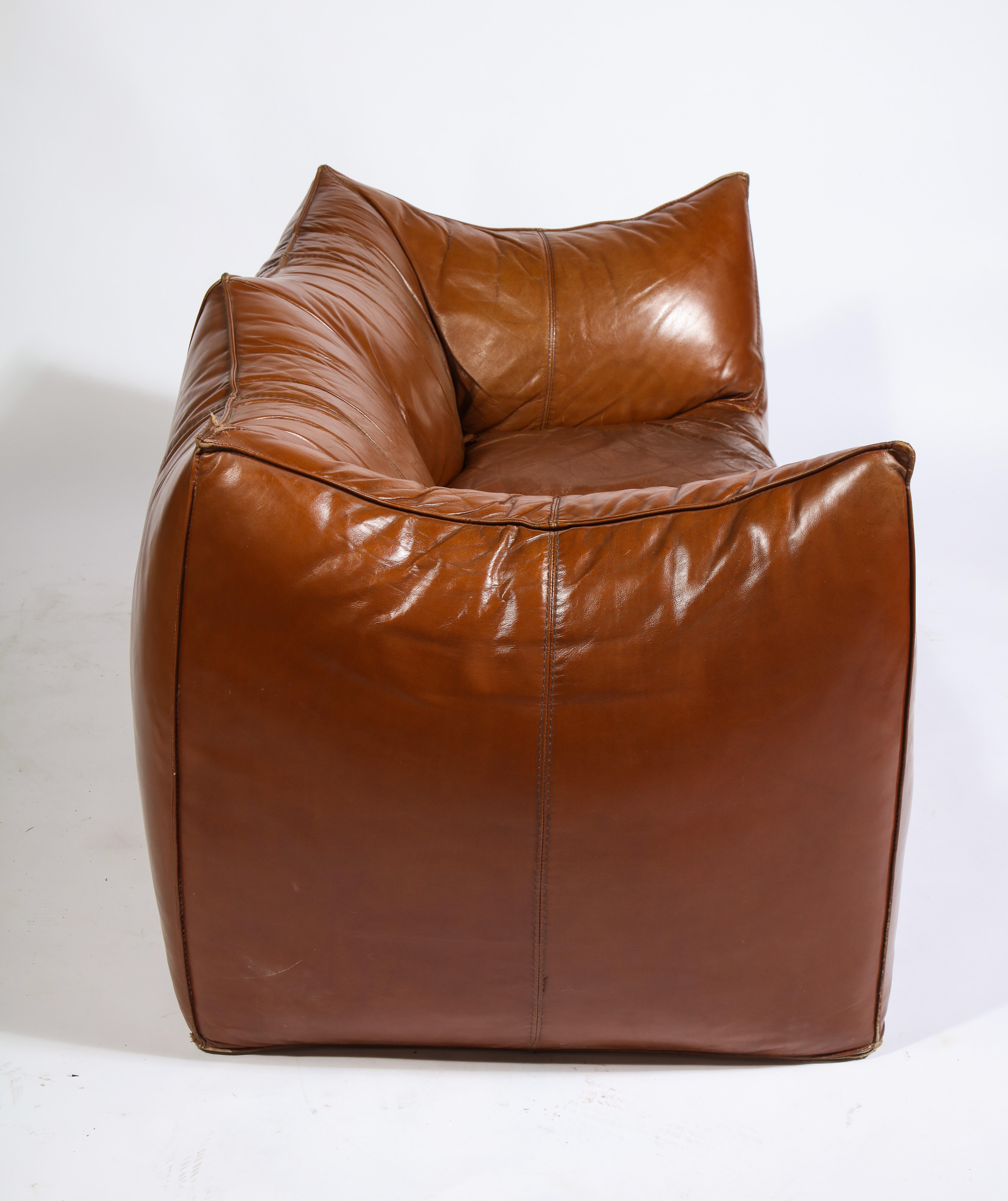 Italian Mario Bellini Cognac Brown Leather Sofa, Chair, Ottoman Le Bambole Set, Italy
