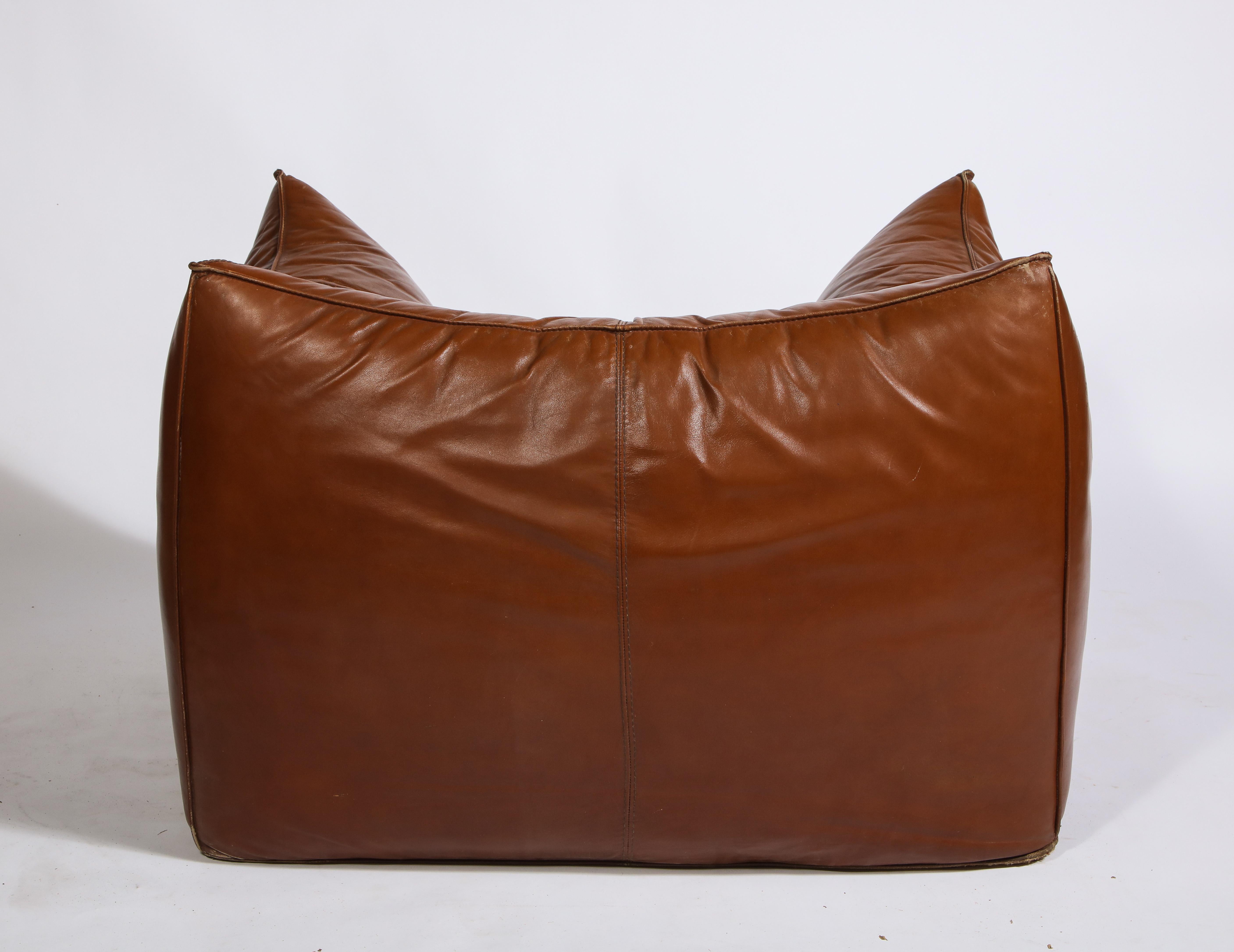 Mario Bellini Cognac Brown Leather Sofa, Chair, Ottoman Le Bambole Set, Italy In Good Condition In New York, NY