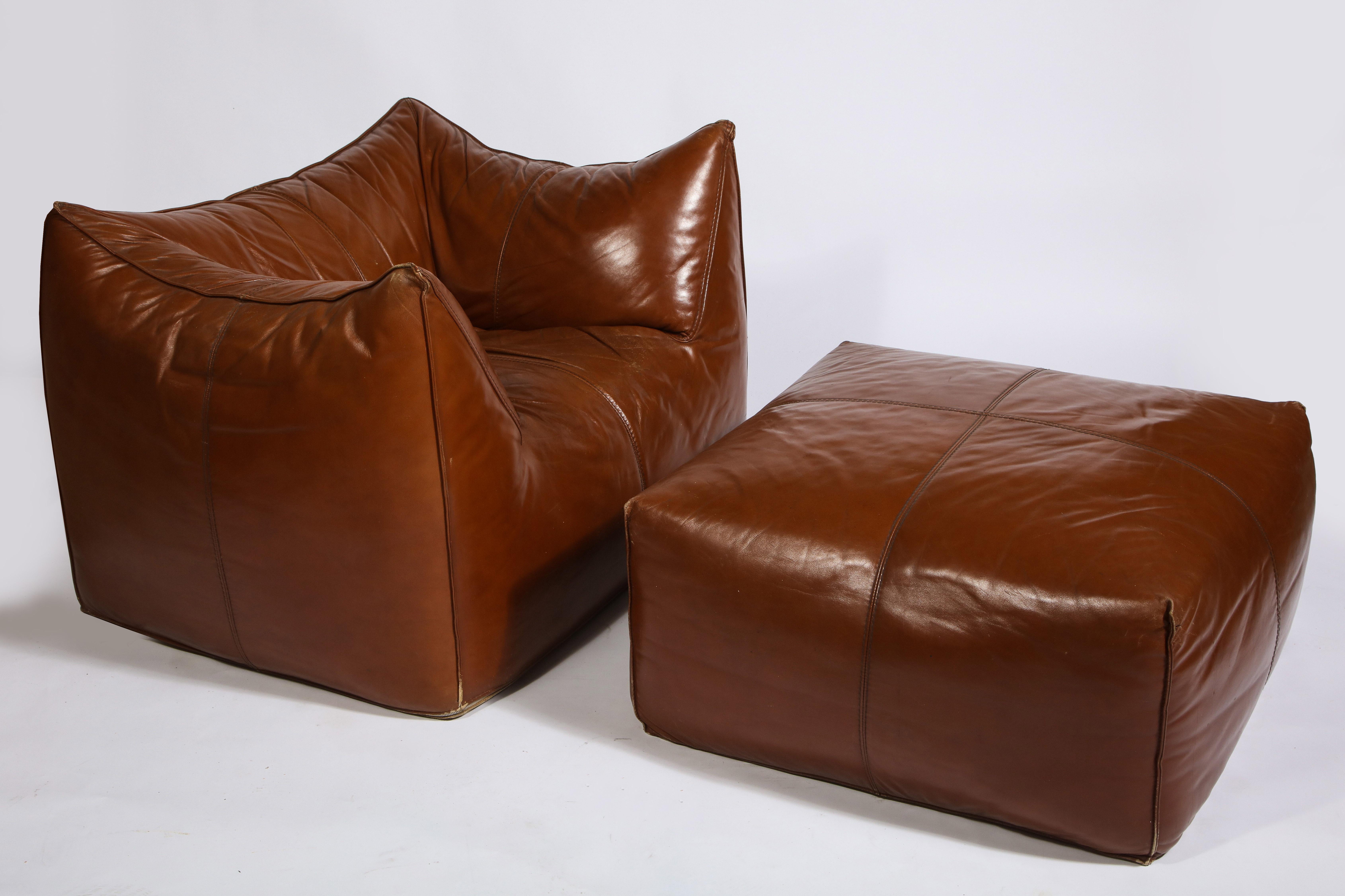 Late 20th Century Mario Bellini Cognac Brown Leather Sofa, Chair, Ottoman Le Bambole Set, Italy