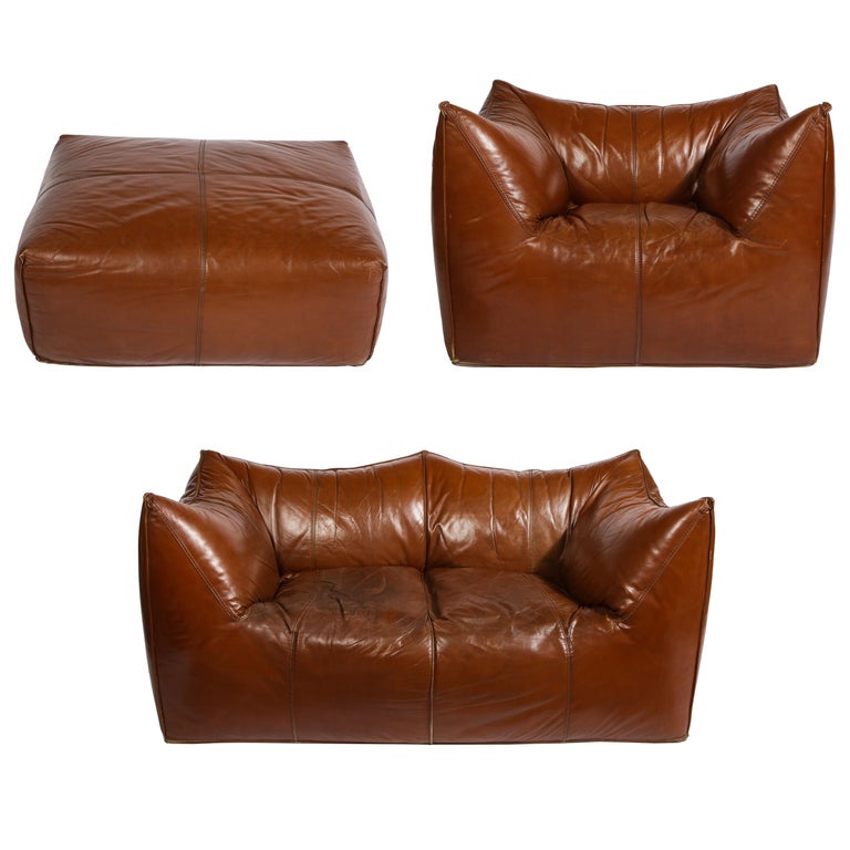 Mario Bellini Cognac Brown Leather Sofa Chair Ottoman Le Bambole Set Italy At 1stdibs Mario Bellini Cognac Brown Leather Sofa, Large Leather Chair With Ottoman