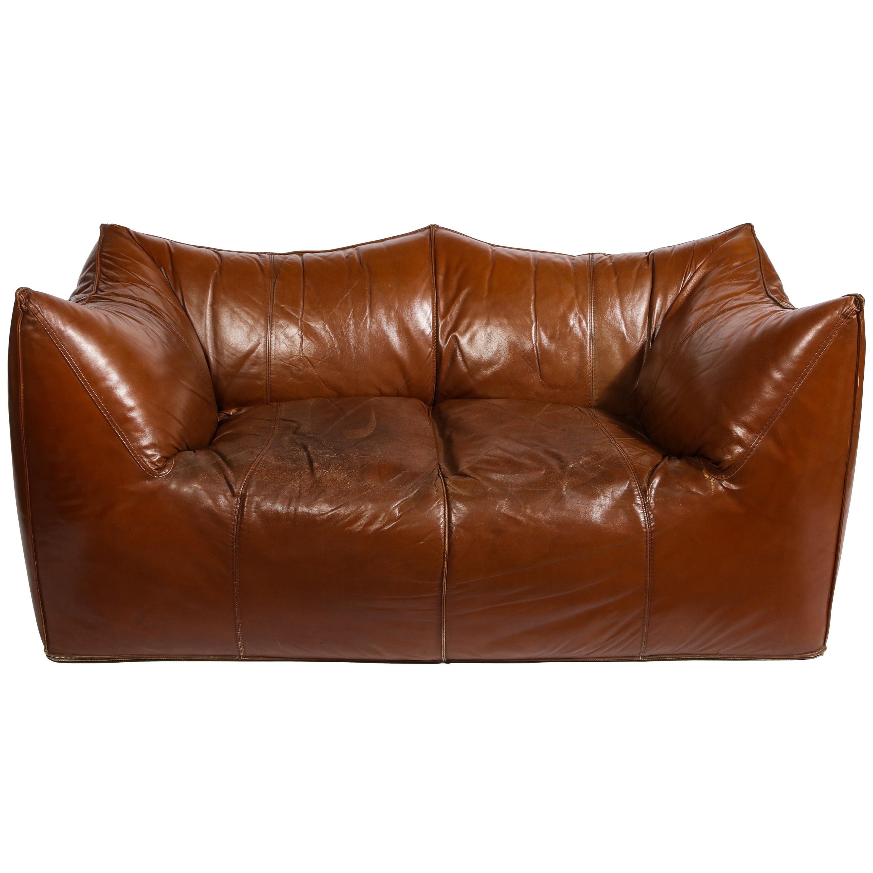 Mario Bellini Cognac Brown Leather Sofa Le Bambole, Italy