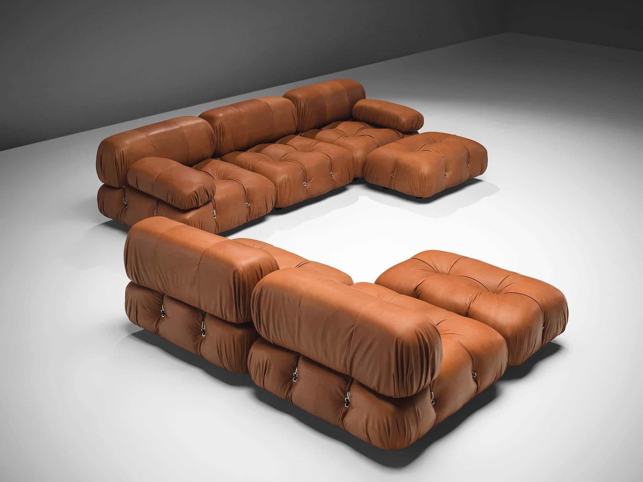 Mario Bellini, large modular 'Cameleonda' sofa, brown leather upholstery, Italy, 1971, reupholstered by our in-house upholstery atelier. 

The sectional elements of this sofa were made to be used freely and apart from one another. This sofa is part