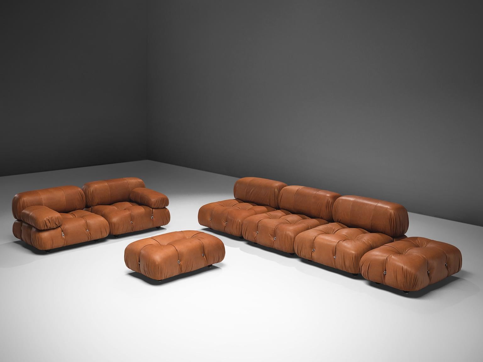 Mario Bellini, large modular 'Cameleonda' sofa, brown leather upholstery, Italy, 1971, reupholstered by our in-house upholstery atelier. 

The sectional elements of this sofa were made to be used freely and apart from one another. This sofa is