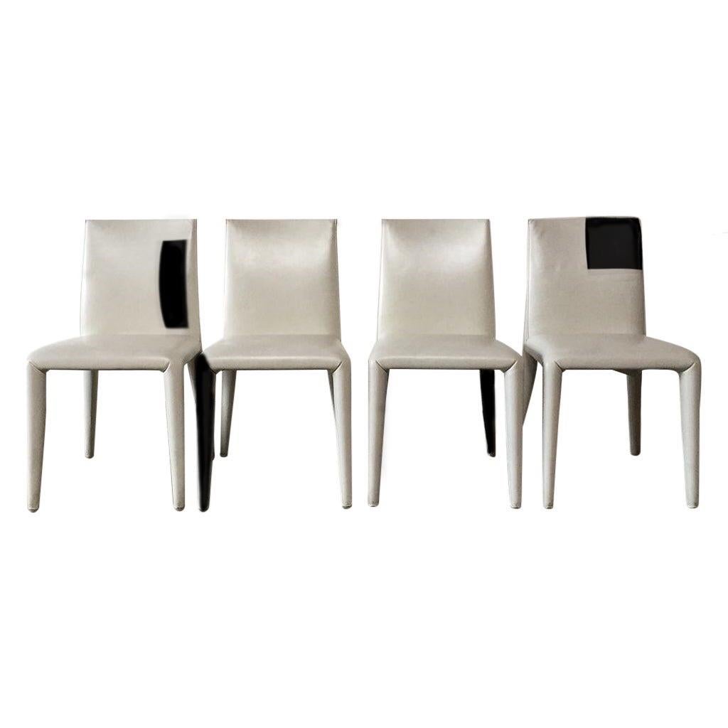 Mario Bellini for B&B Italia leather dining chair set of 6, cream, greige, Italy. Sleek Modern design. Customized black geometric accents. 2 armchairs, 4 armless. Labelled.