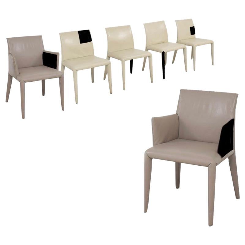 Mario Bellini for B&B Italia Leather Dining Chair Set of 6, Cream, Greige, Italy
