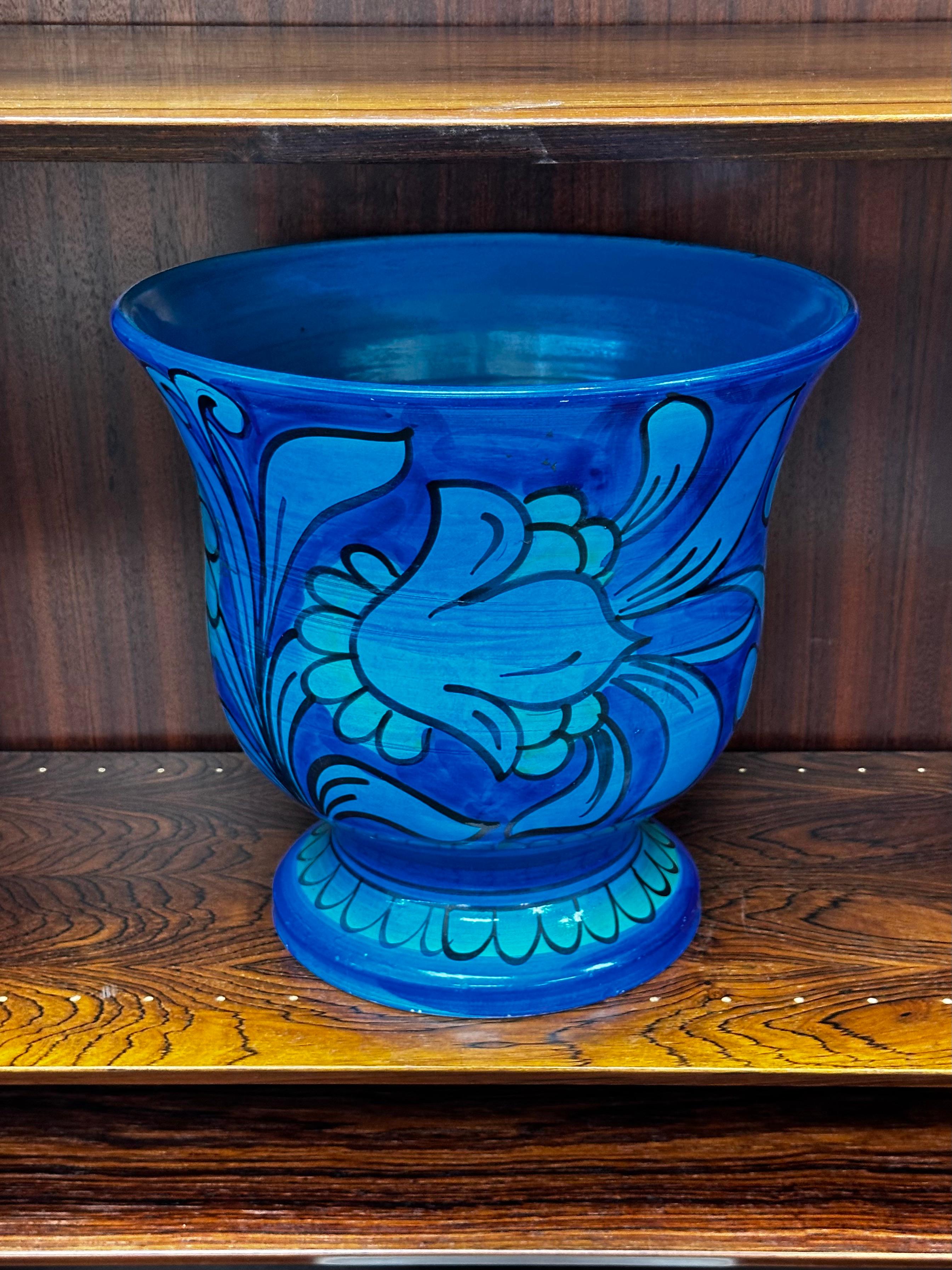 Vernissé Jardinière florale bleue Mario Bellini pour Bitossi / Raymor Rimini en vente