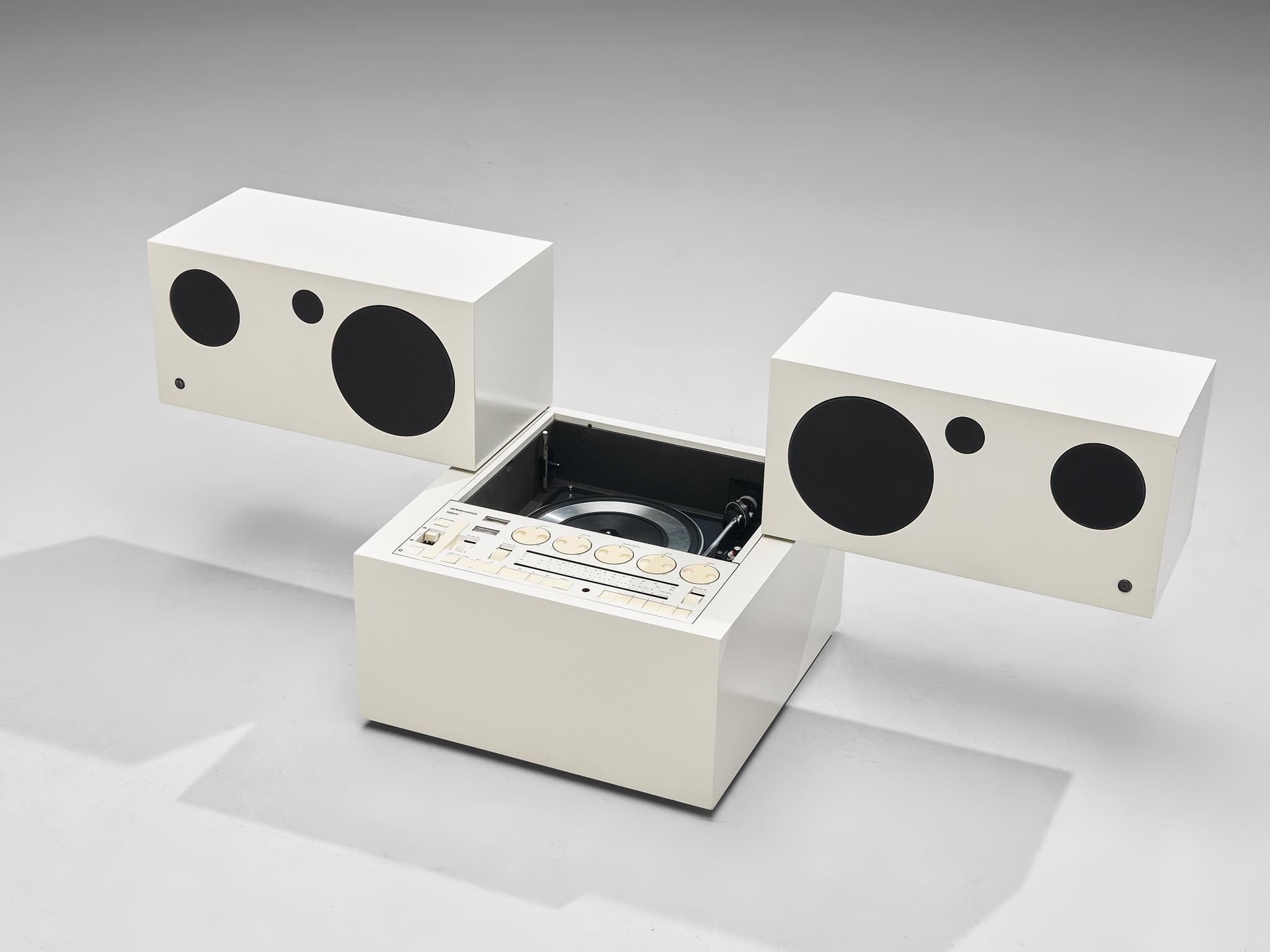 Mario Bellini for Brionvega, 'RR 130 Totem' radiogram, chipboard, plastic laminate, Italy, 1970

Postmodern stereo system designed by Mario Bellini (1935-) for Brionvega, Milan. The stereo consists a white plastic laminated chipboard cube base and
