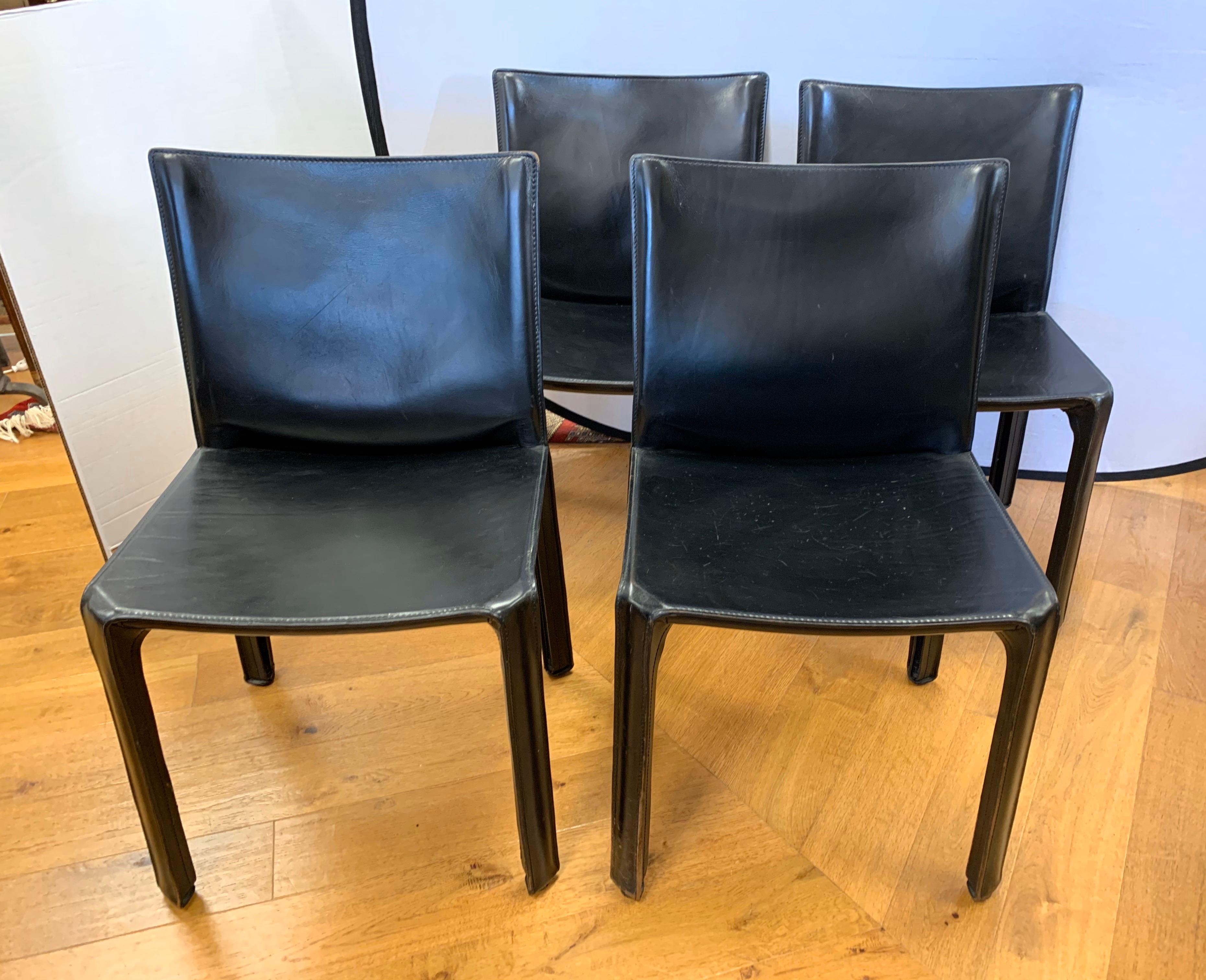 Italian Mario Bellini for Cassina Black Leather Side Chairs Set of Four