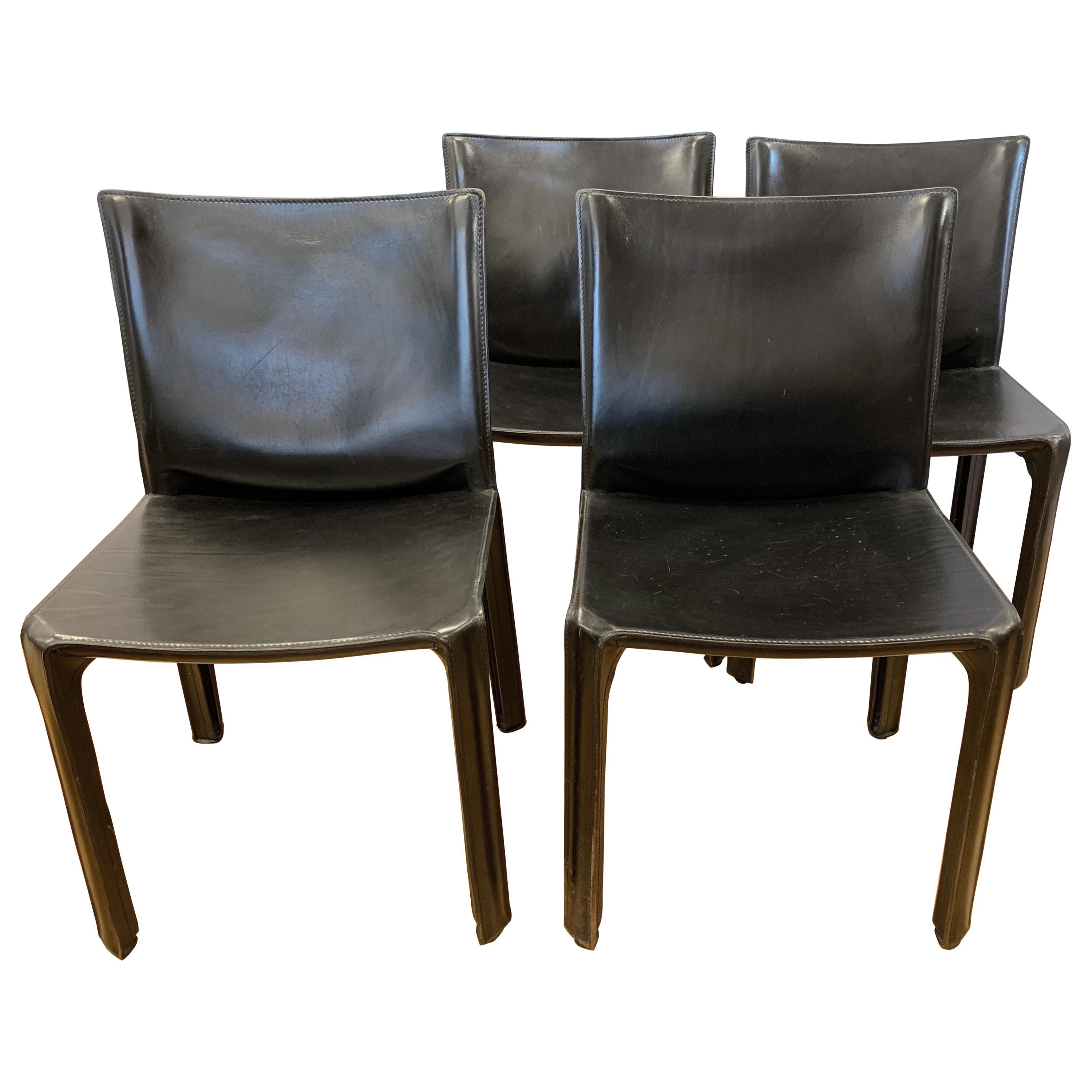 Mario Bellini for Cassina Black Leather Side Chairs Set of Four