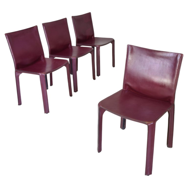 Mario Bellini for Cassina Cab 412 Chairs in Burgundy Leather, Set of 4, 1970s–80s