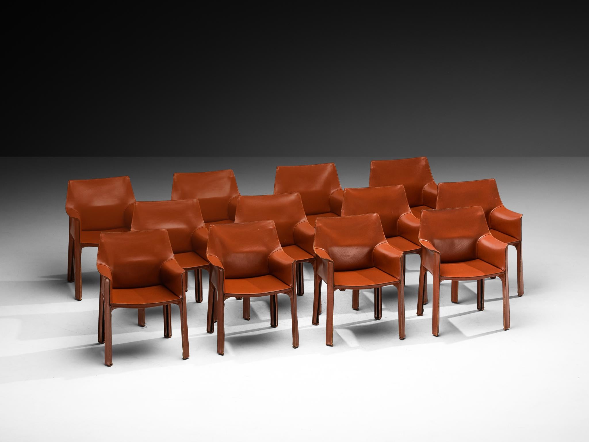 Mario Bellini für Cassina 'CAB 413' Esszimmerstühle aus gebranntem orangefarbenem Leder im Zustand „Gut“ im Angebot in Waalwijk, NL