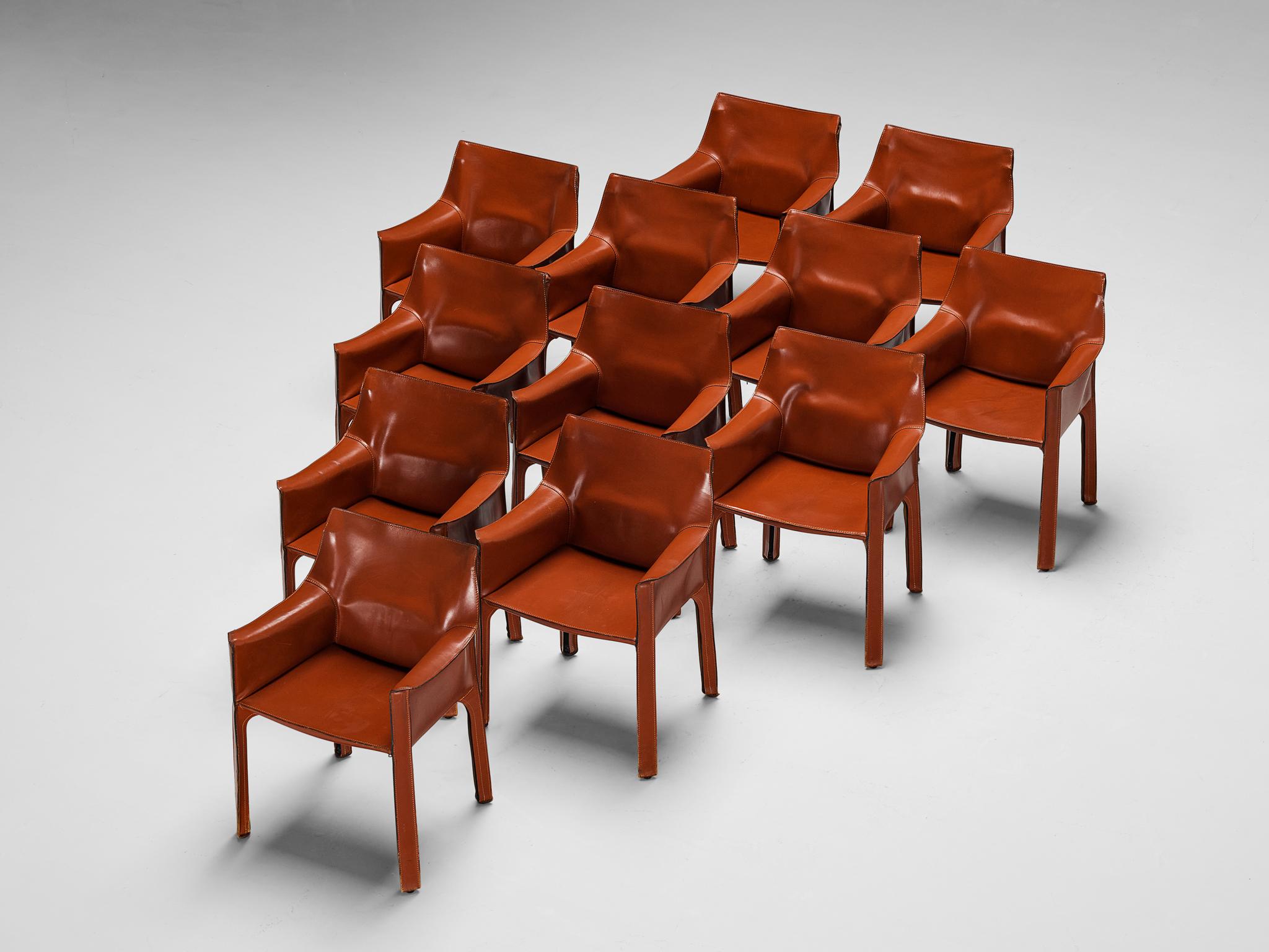 Mario Bellini for Cassina, armchairs model 'CAB 413', leather, Italy, 1979

The iconic ‘CAB’ chairs were designed by Mario Bellini in 1979. Conceptually new was the way Bellini uses leather to cover the whole chair in one monochrome layer. The red
