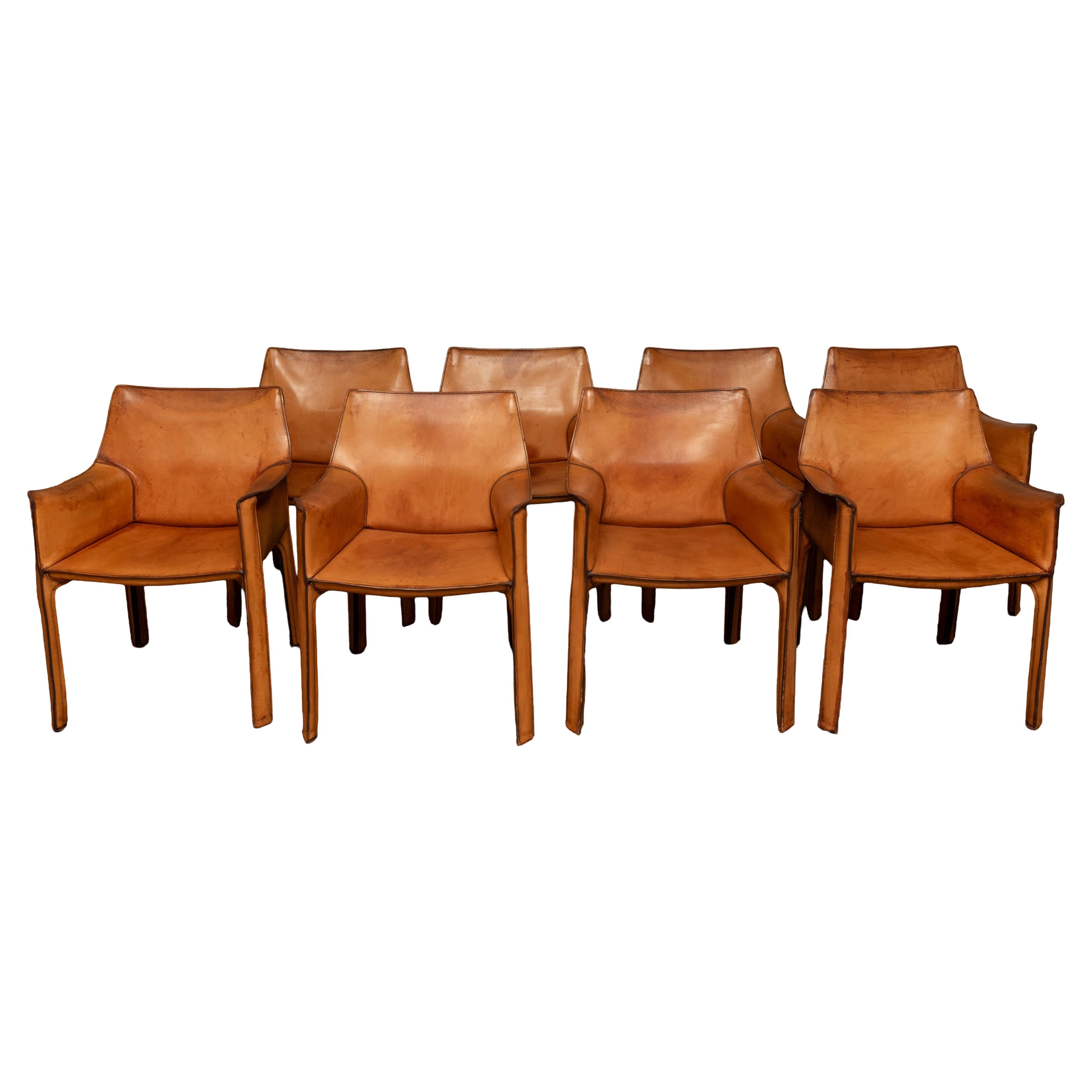 Mario Bellini for Cassina CAB 413 Set of EIGHT Dining Chairs in Cognac Leather