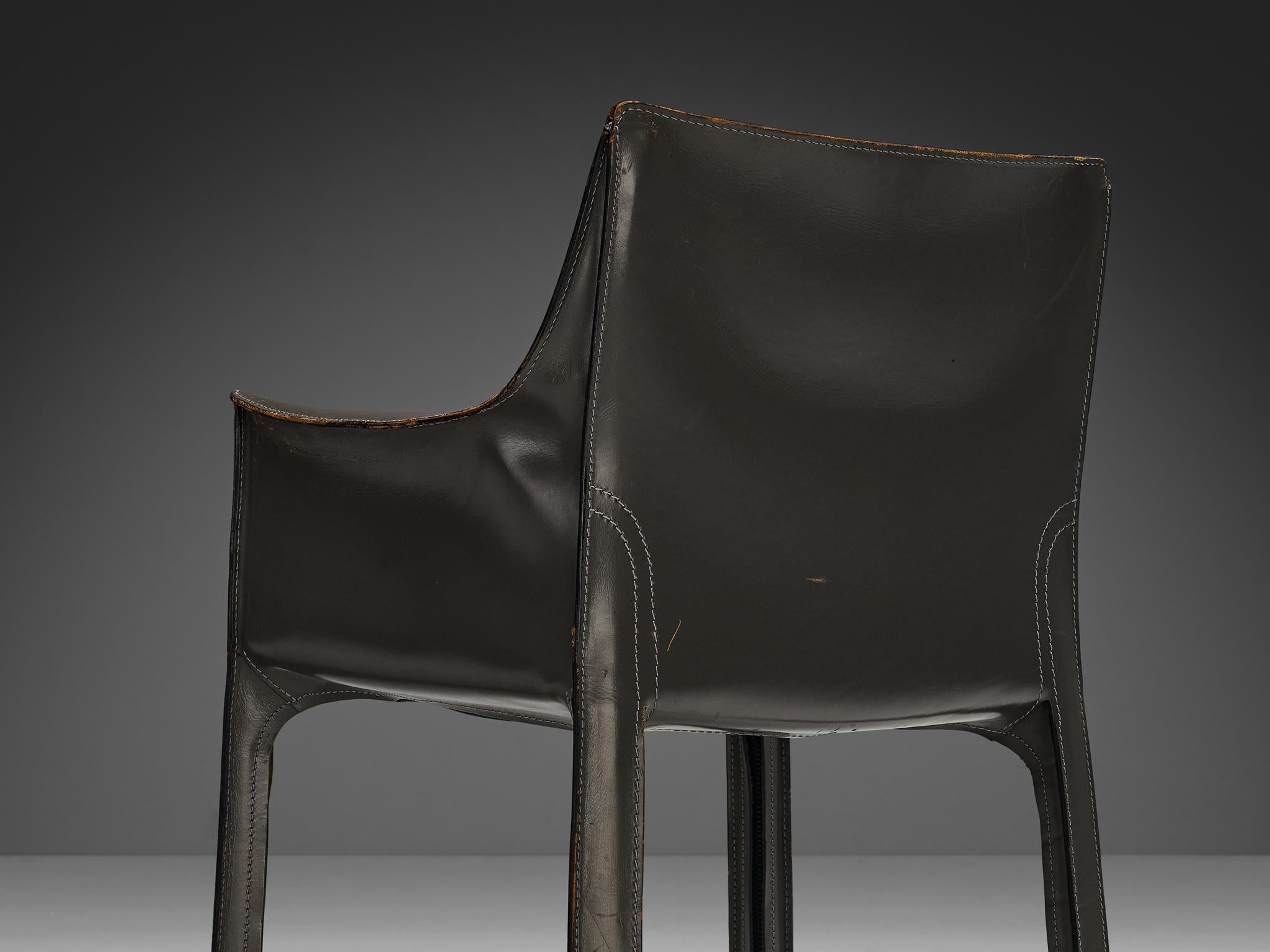 Late 20th Century Mario Bellini for Cassina CAB 413 Set of Six Dining Chairs in Grey Leather For Sale