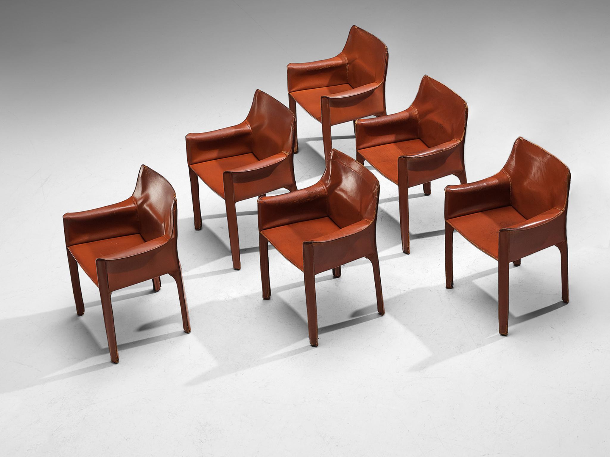 Mario Bellini for Cassina, set of six armchairs, model 'CAB 413', leather, Italy, designed in 1979

The iconic ‘CAB’ chairs were designed by Mario Bellini in 1979. Conceptually new was the way Bellini uses leather to cover the whole chair in one