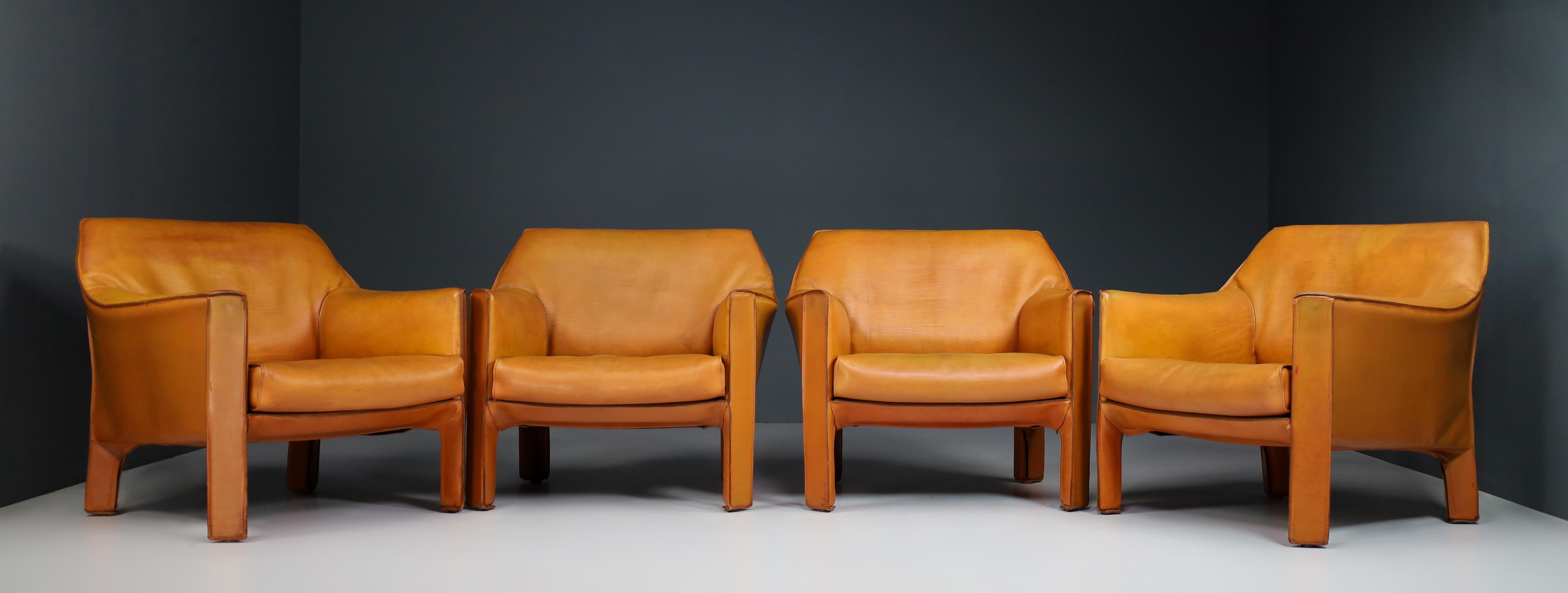 Mario Bellini for Cassina Cab 415 Buffalo Cognac Leather Club Chairs Italy 1980s 5