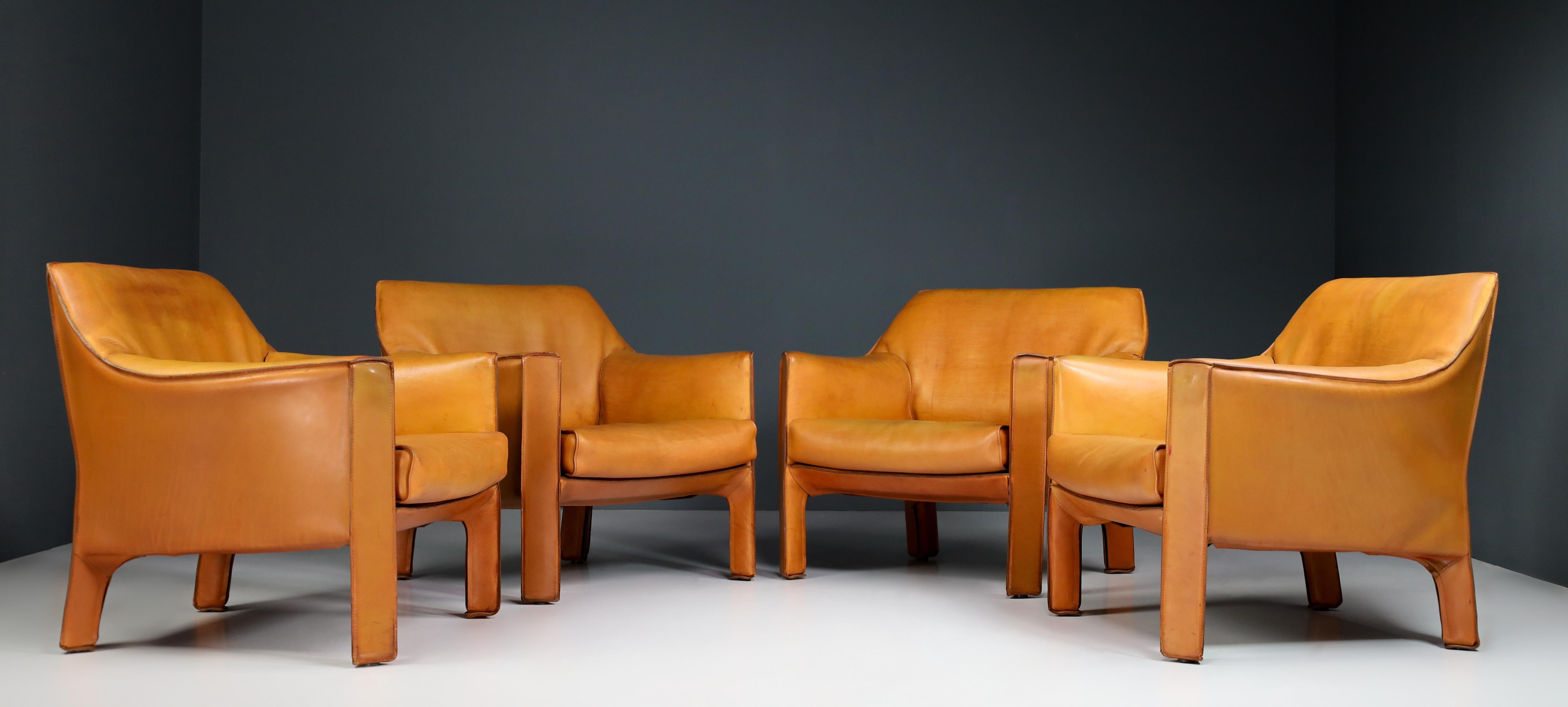 Mario Bellini for Cassina Cab 415 Buffalo Cognac Leather Club Chairs Italy 1980s 7