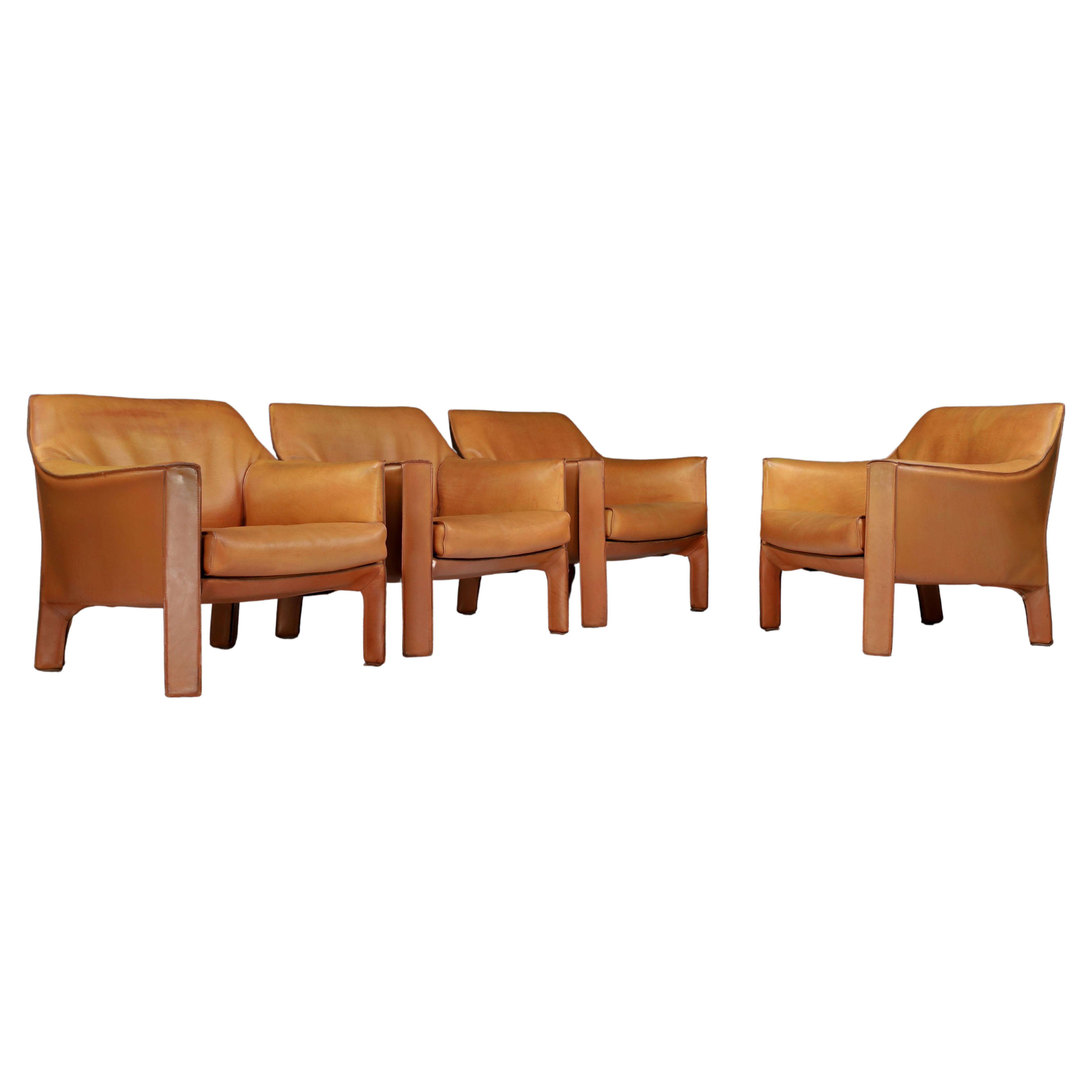 Mario Bellini for Cassina Cab 415 Buffalo Cognac Leather Club Chairs Italy 1980s