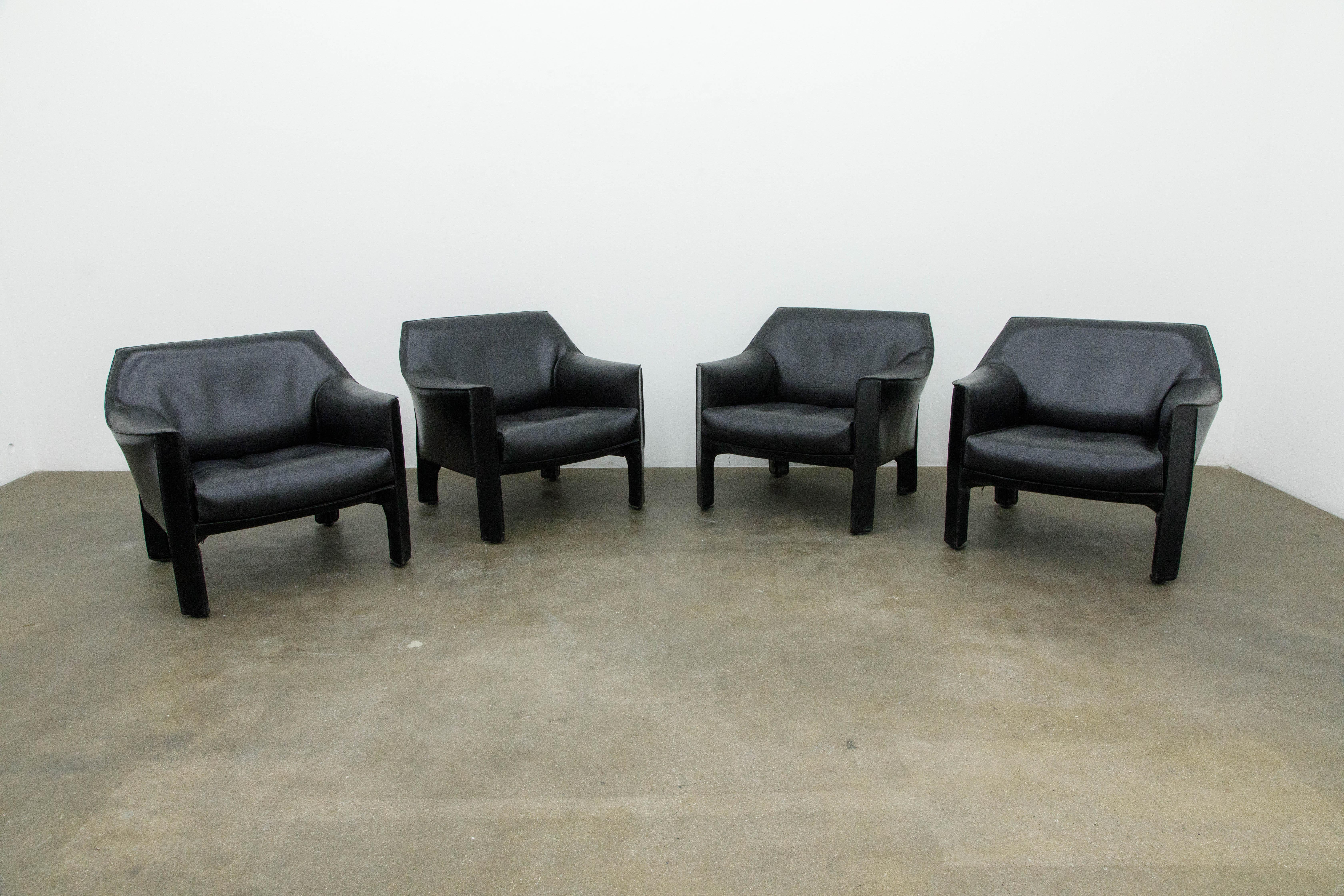 Mid-Century Modern Mario Bellini for Cassina 'Cab #415' Buffalo Leather Club Chairs, Signed, 1980s