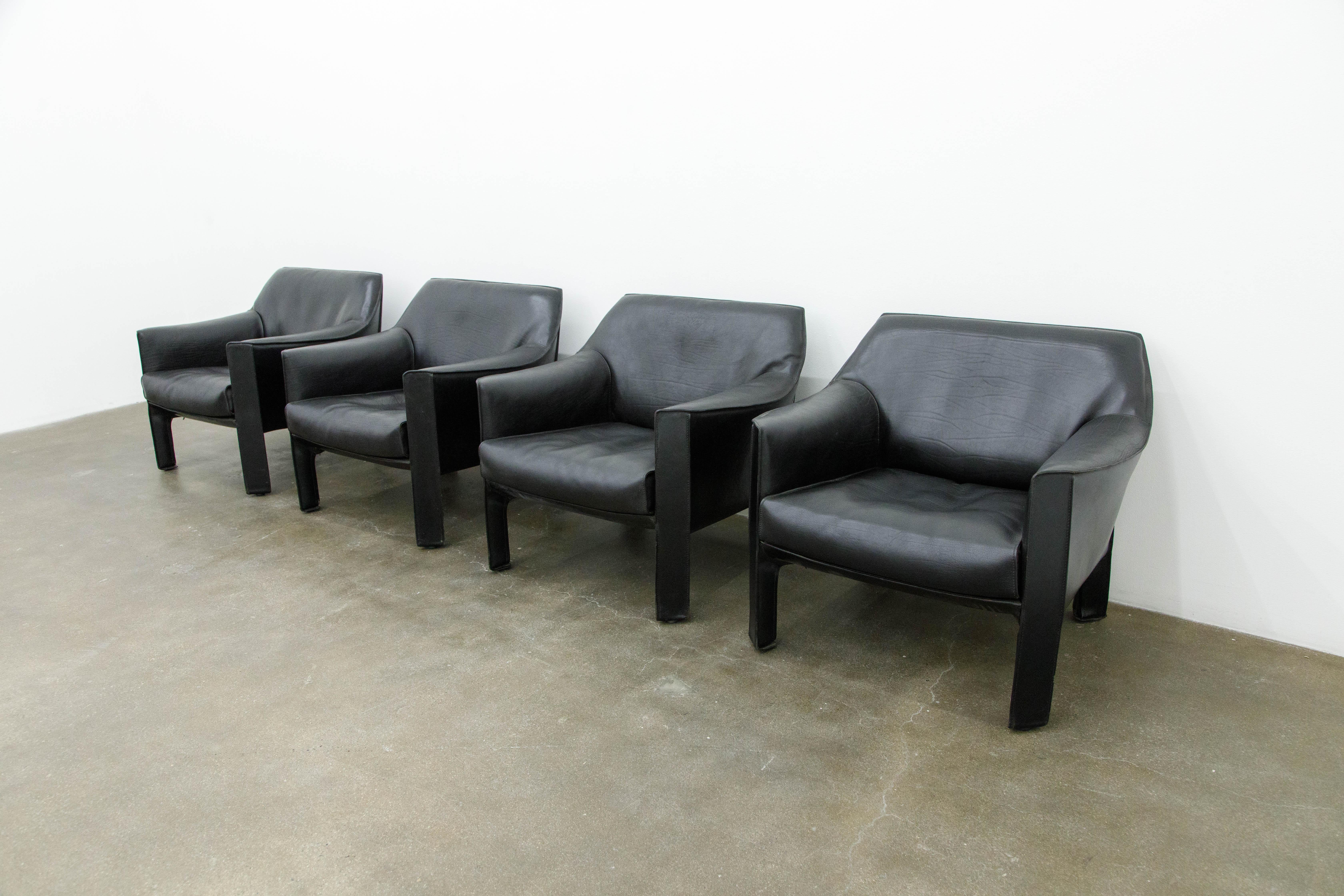 Italian Mario Bellini for Cassina 'Cab #415' Buffalo Leather Club Chairs, Signed, 1980s