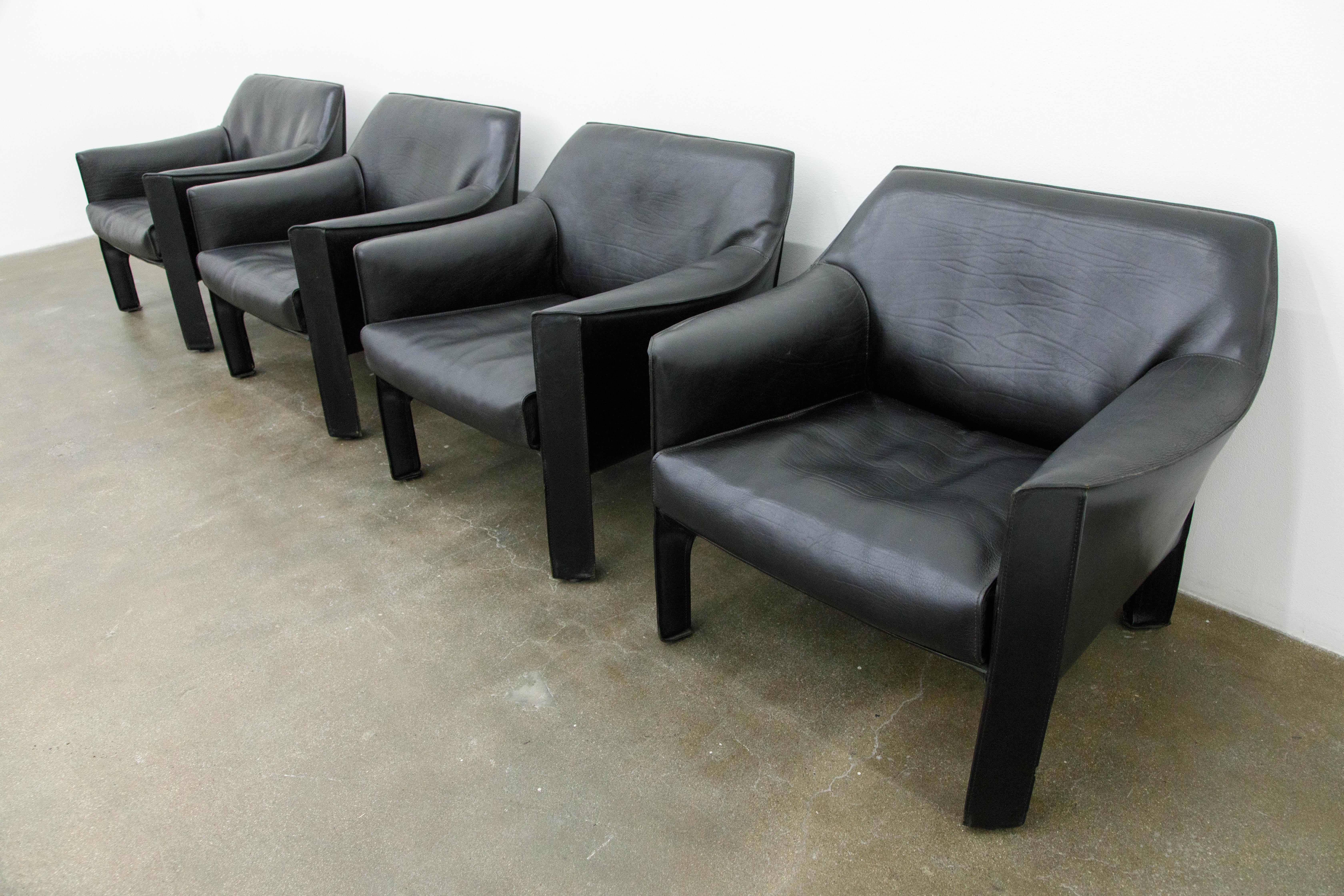 Mario Bellini for Cassina 'Cab #415' Buffalo Leather Club Chairs, Signed, 1980s In Good Condition In Los Angeles, CA