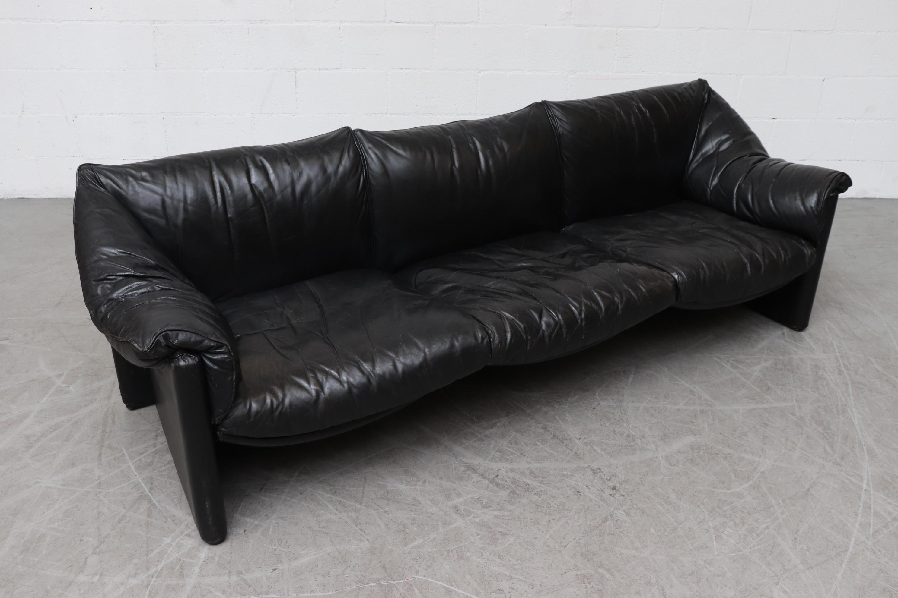 Mid-20th Century Mario Bellini for Cassina Handsome Black Leather 3-Seat Sofa