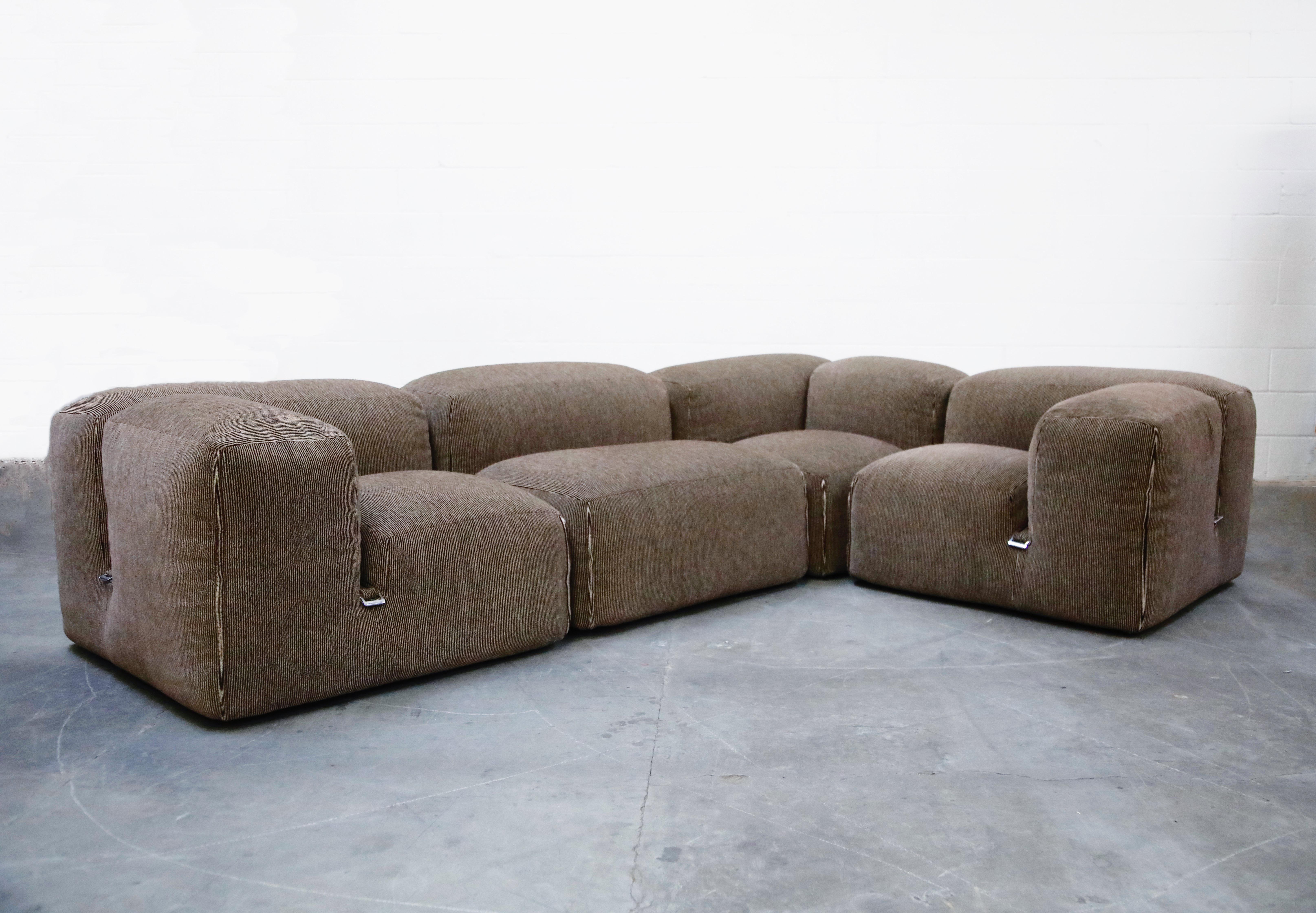 Mario Bellini for Cassina modular 'Le Mura' four-piece sectional sofa in mohair, signed with Cassina and Atelier International labels. Consists of 3 corner sections and one middle section. All chrome buckles are present and complete. 

This sofa