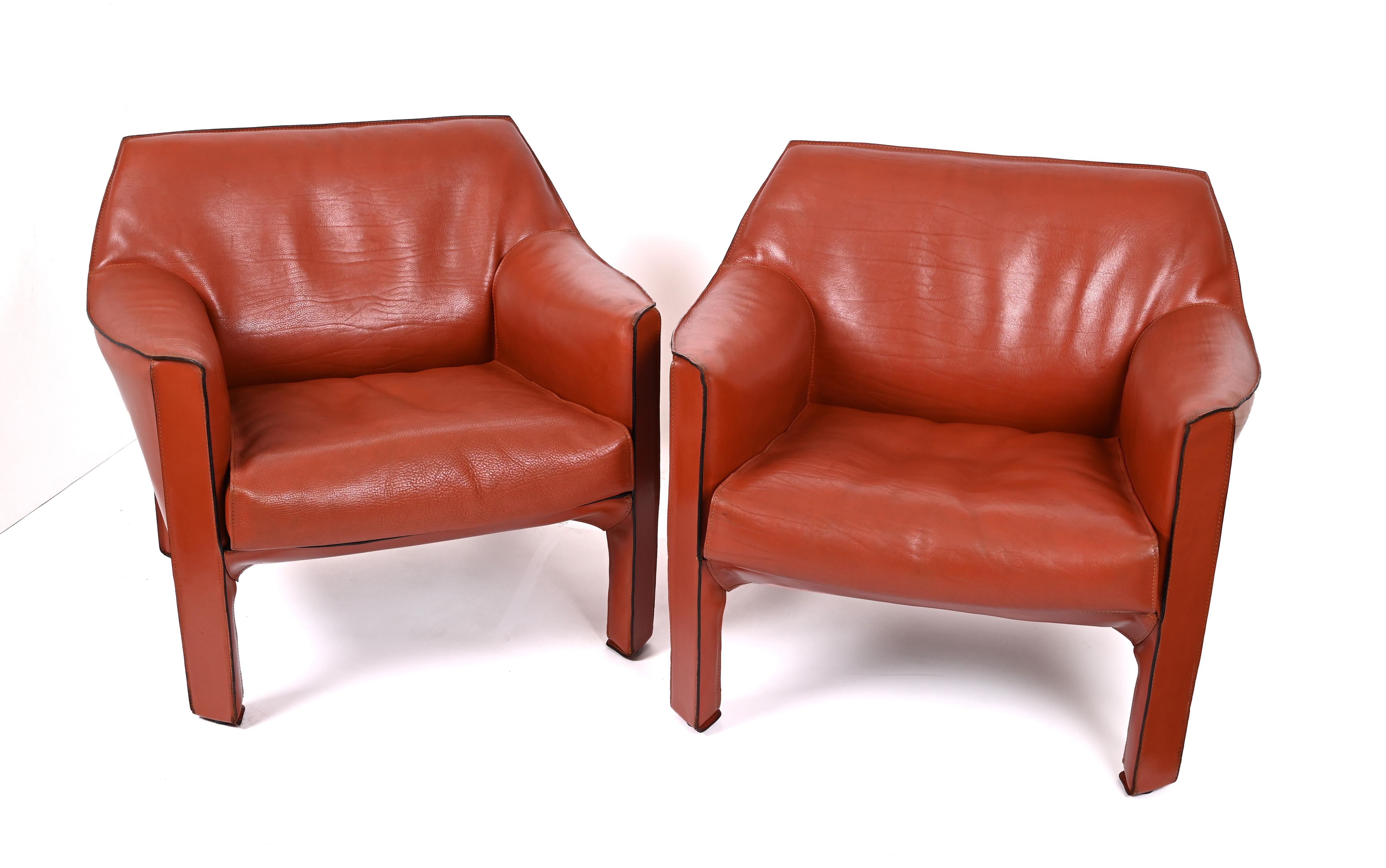 Mario Bellini for Cassina Pair of Cab 415 Leather Club Chairs Signed Italy 1980s 8