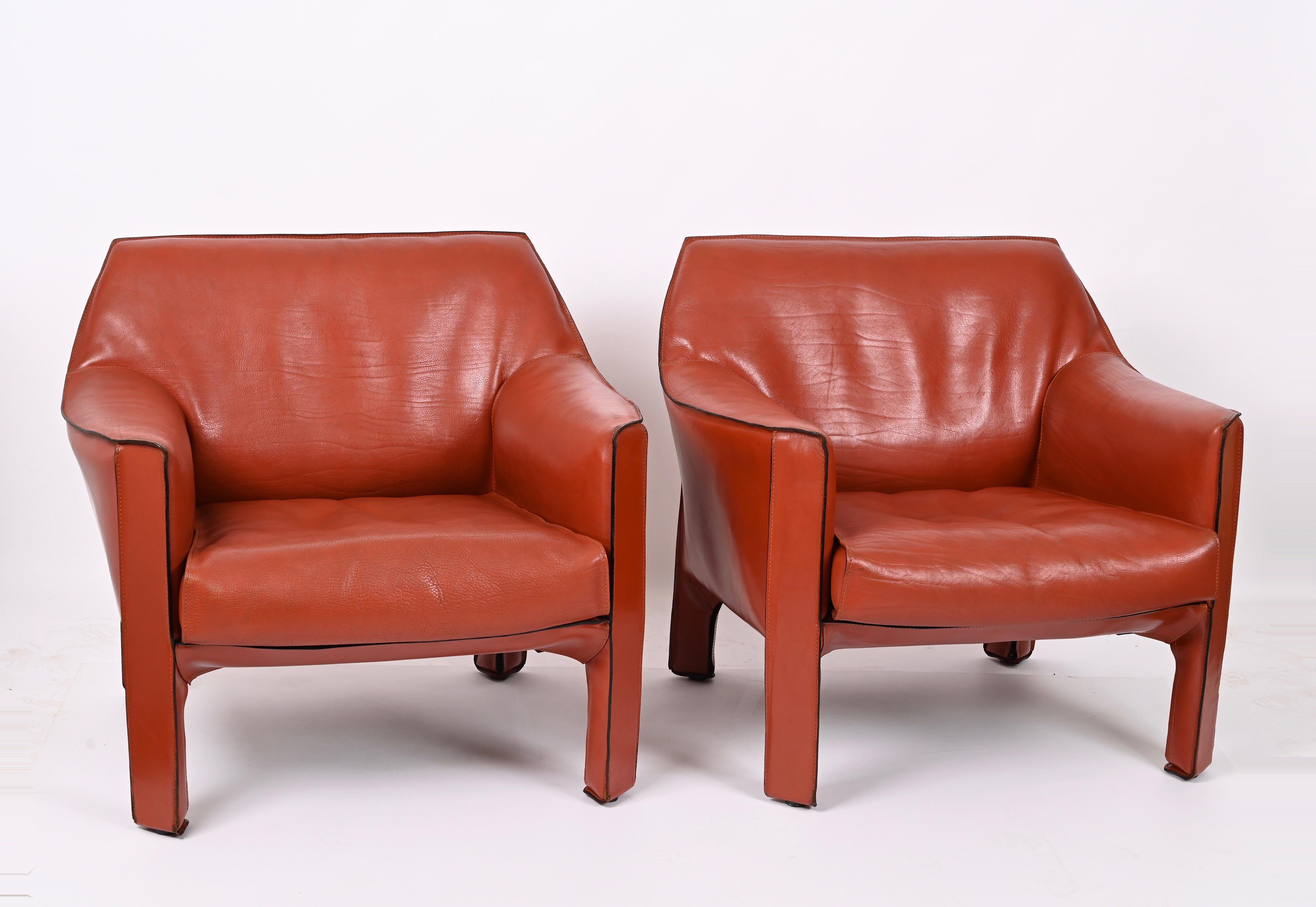 20th Century Mario Bellini for Cassina Pair of Cab 415 Leather Club Chairs Signed Italy 1980s