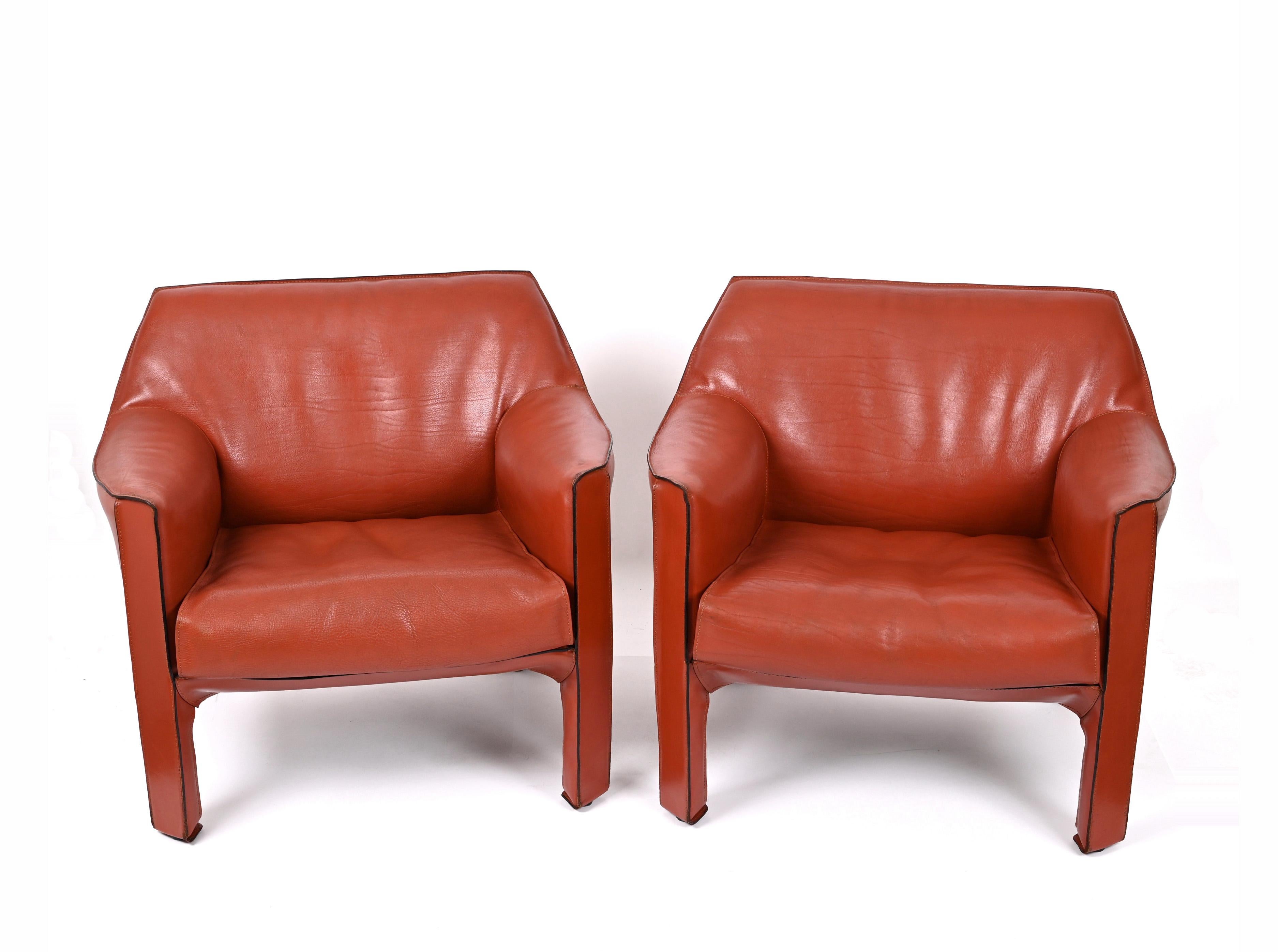 Metal Mario Bellini for Cassina Pair of Cab 415 Leather Club Chairs Signed Italy 1980s